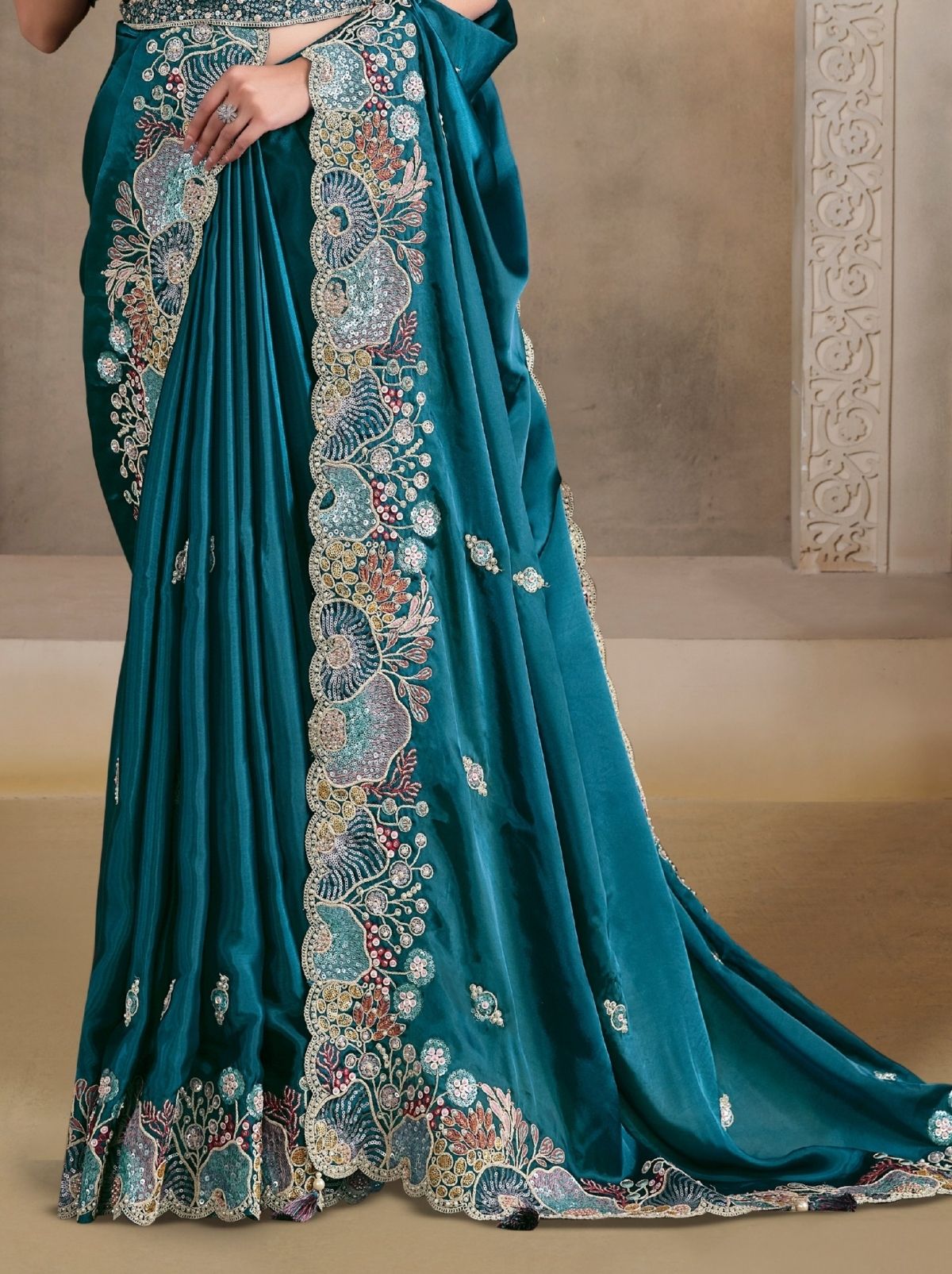 Teal Blue Crush Satin Silk Saree With Pearl Work