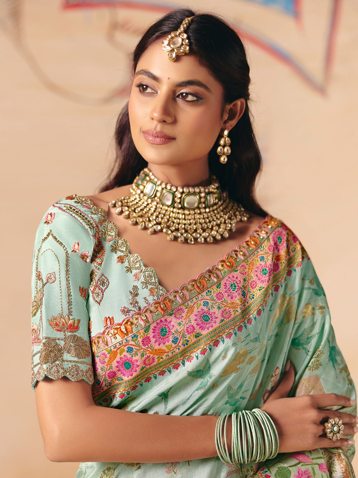 Powder Blue Designer Dola Silk Saree with Embroidery