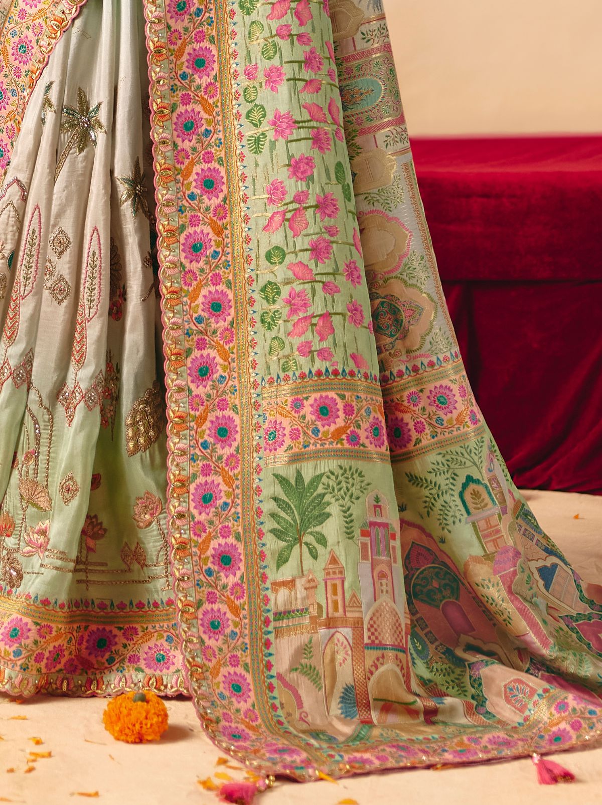 Powder Blue Designer Dola Silk Saree with Embroidery