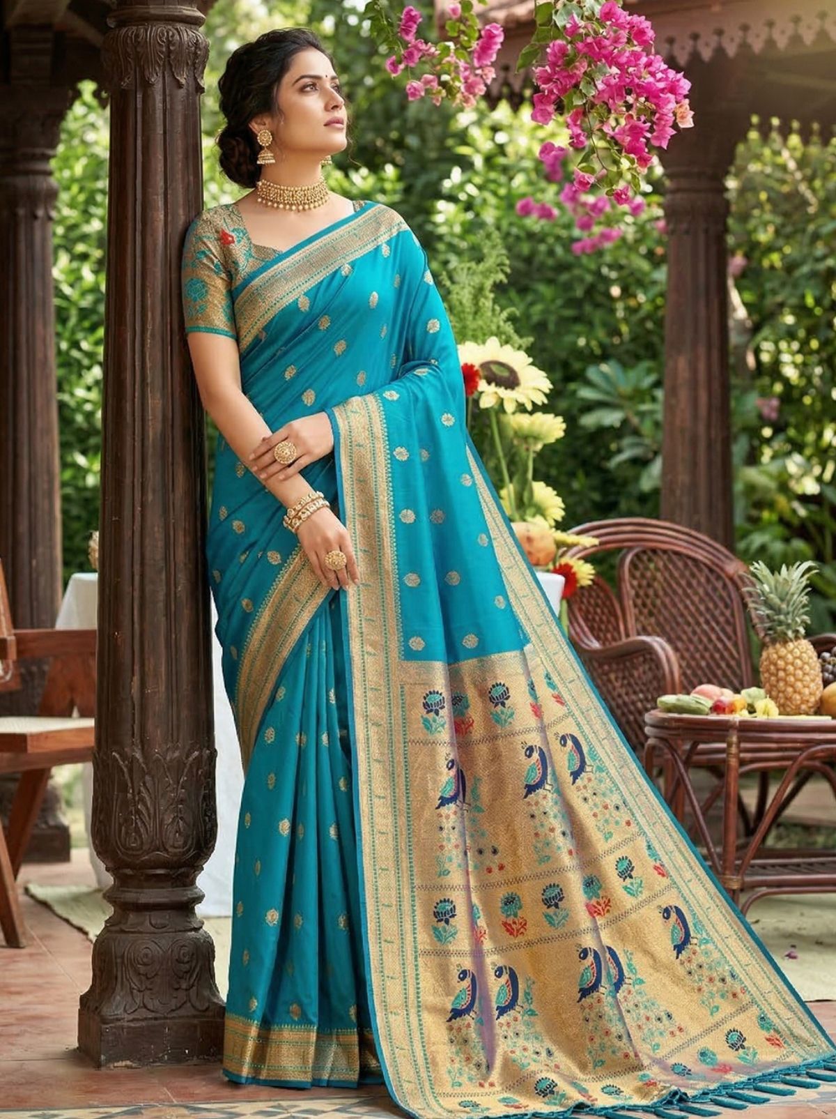 Azure Blue Premium Soft Silk Paithani Wedding Saree