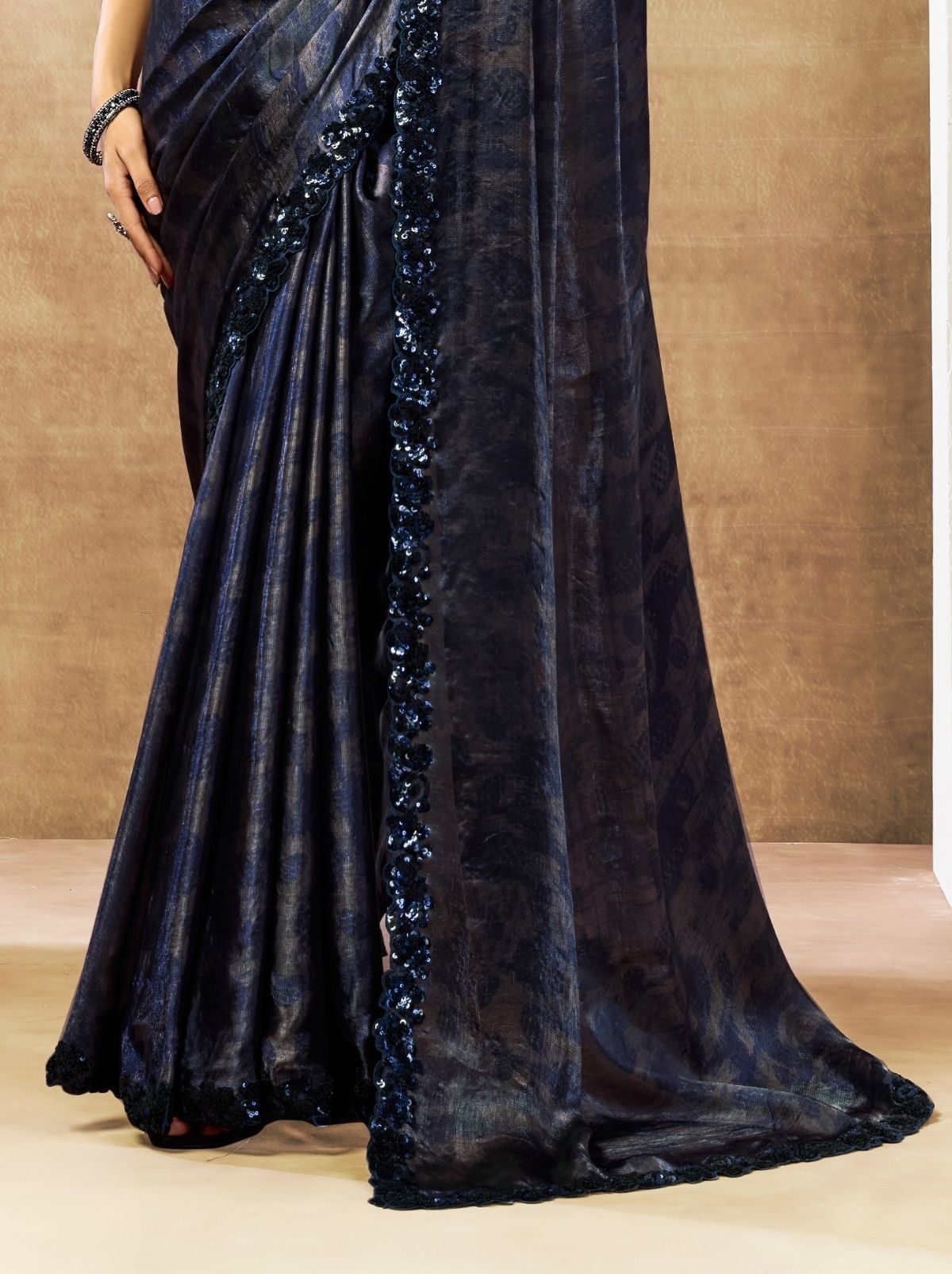 Deep Blue Designer Two Tone Satin Silk Saree With Blouse Piece - TrendOye