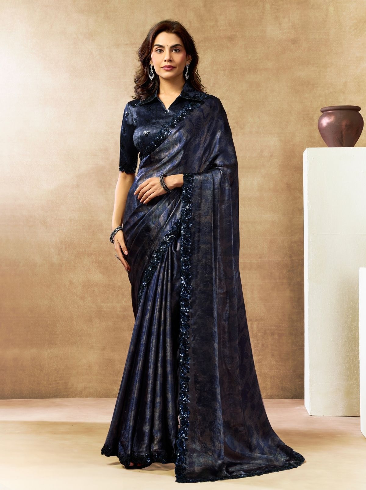 Deep Blue Designer Two Tone Satin Silk Saree With Blouse Piece - TrendOye