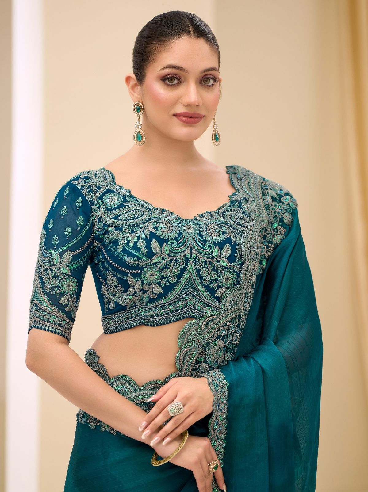 Teal Blue Designer Wedding saree With Blouse Piece - TrendOye