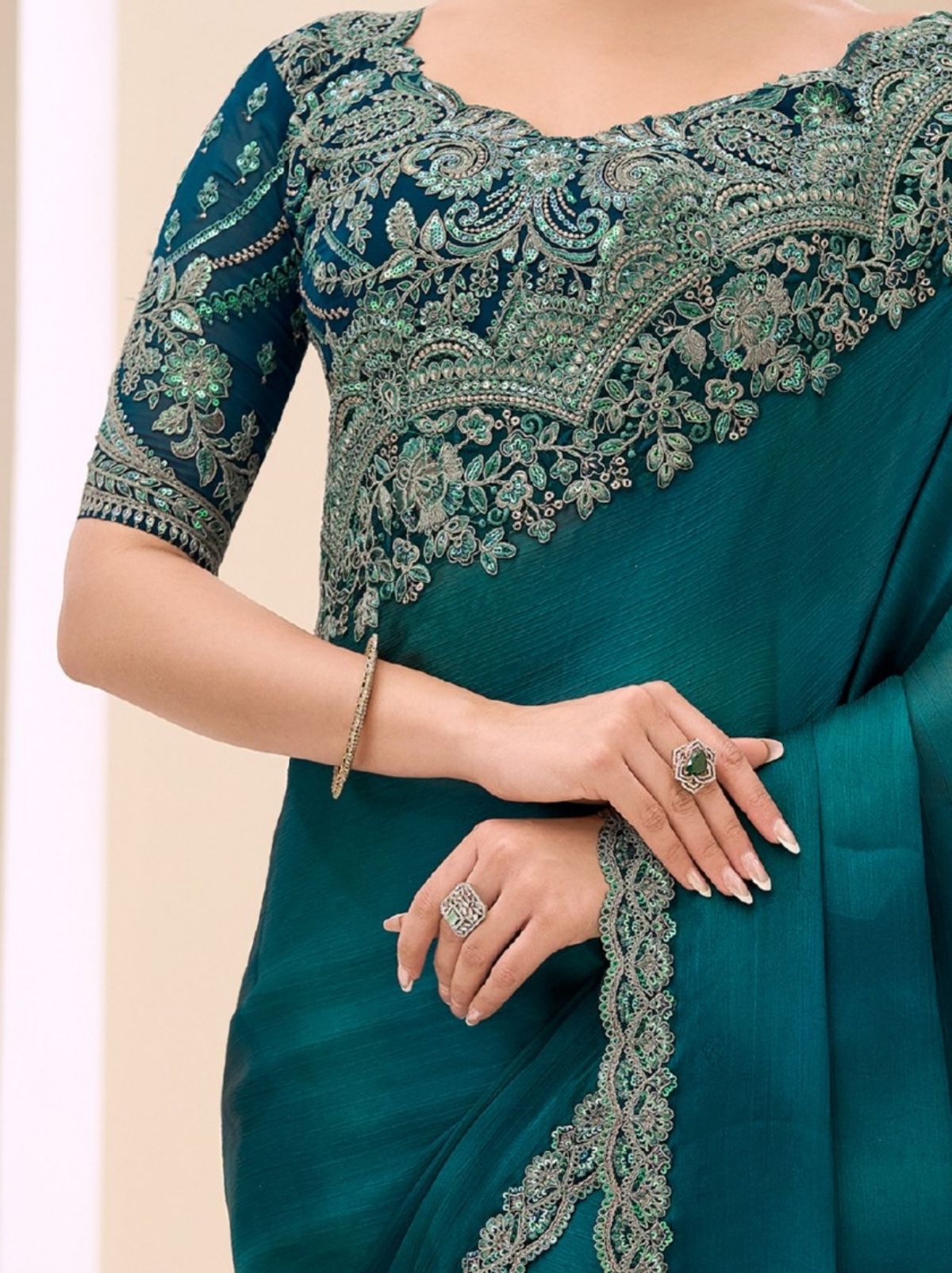 Teal Blue Designer Wedding saree With Blouse Piece - TrendOye