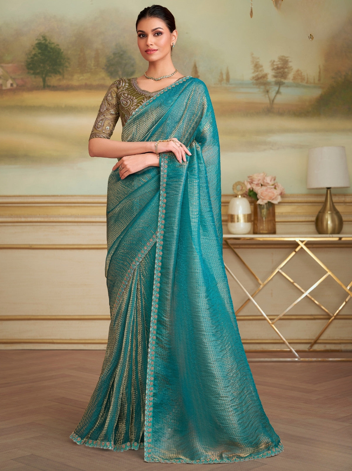 Azure Blue Dual Tone Georgette Silk Saree with Stylish Blouse Piece