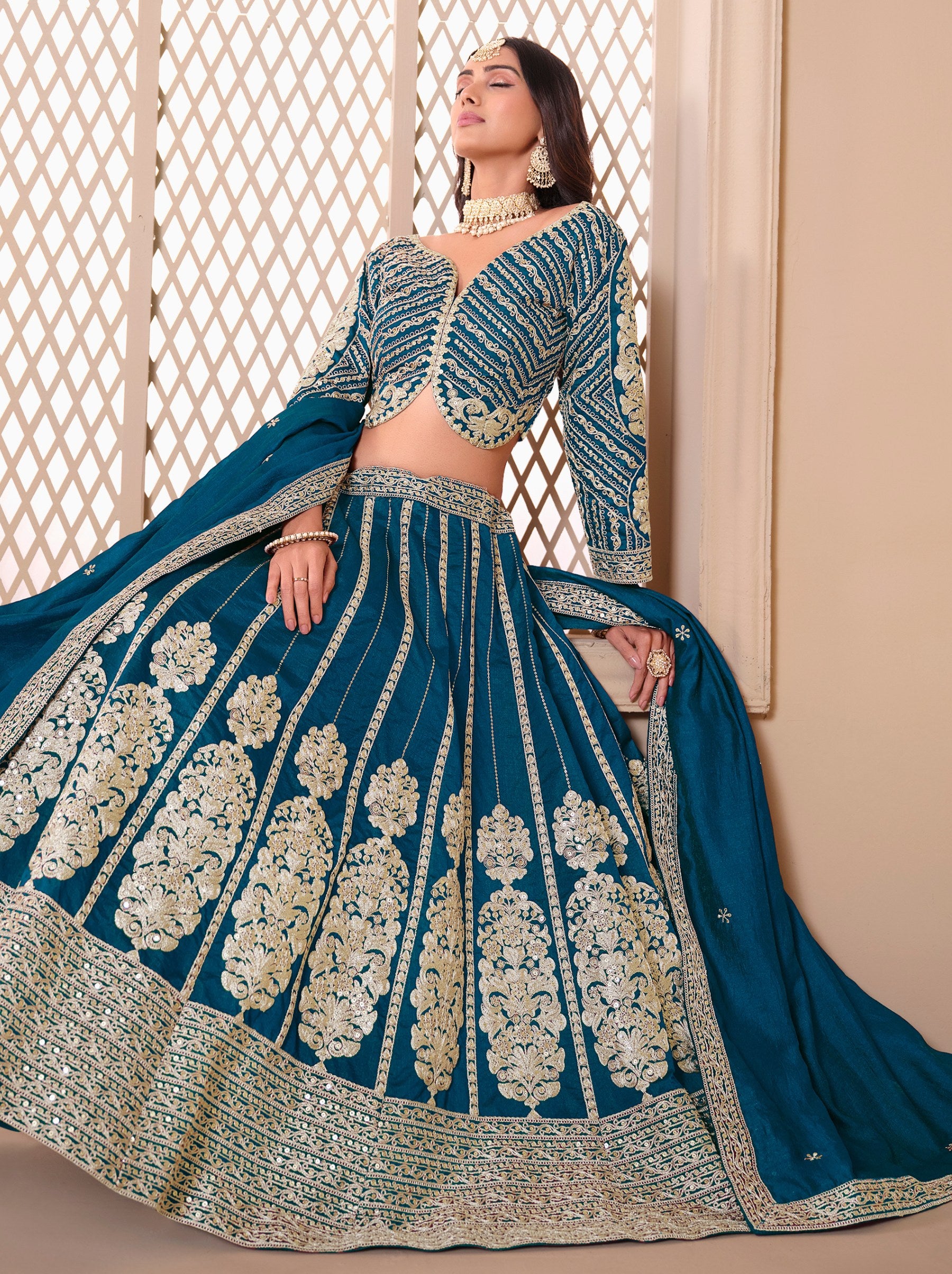 Prussian Blue Designer Party Lehenga Set With Trendy Sequin Embroidered - TrendOye