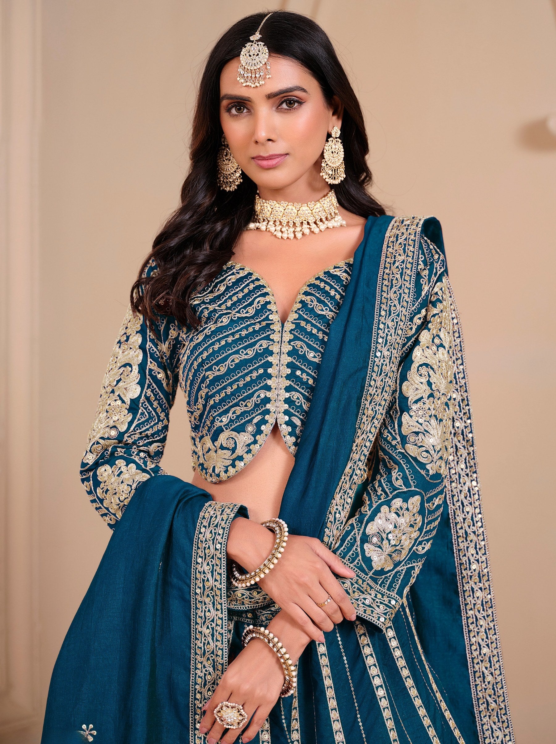 Prussian Blue Designer Party Lehenga Set With Trendy Sequin Embroidered - TrendOye