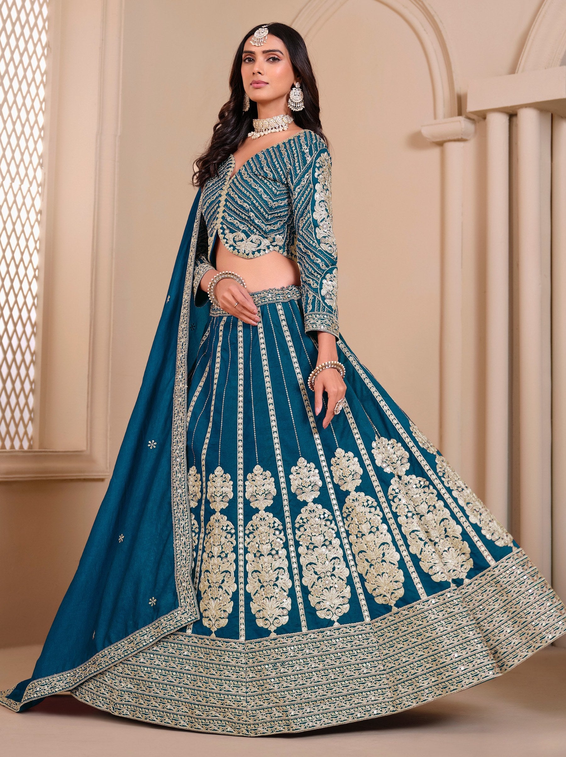Prussian Blue Designer Party Lehenga Set With Trendy Sequin Embroidered - TrendOye
