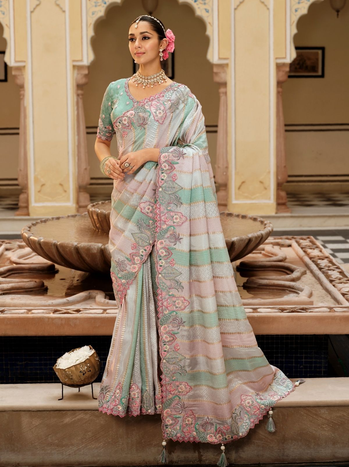 Powder Blue Fine Soft Silk Saree with Heavy Embroidery Work - TrendOye