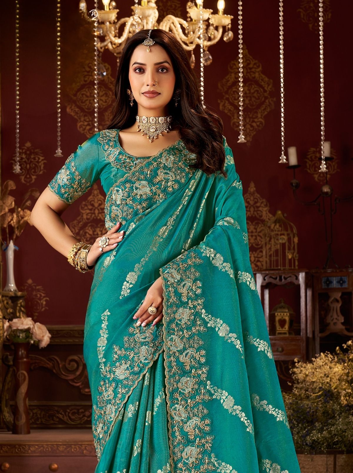 Teal Blue Elegant Wedding Saree With Heavy Border Embroidery
