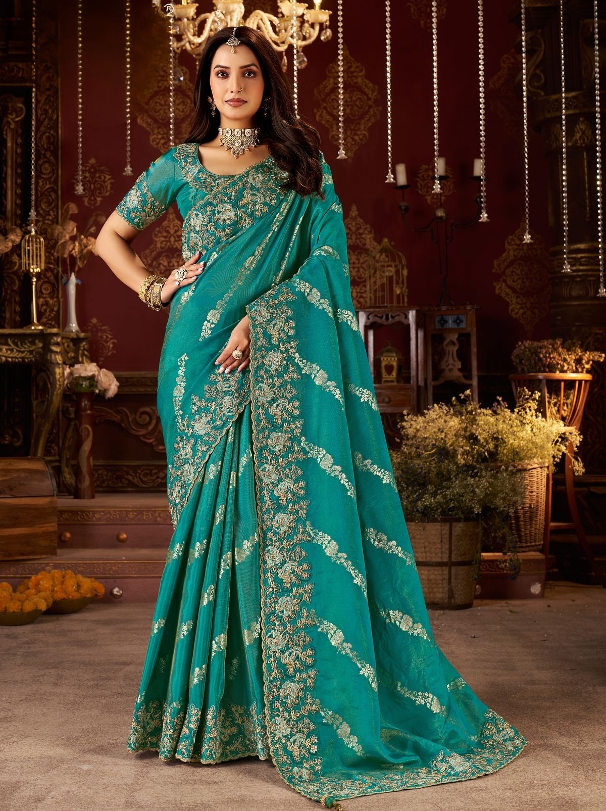 Teal Blue Elegant Wedding Saree With Heavy Border Embroidery