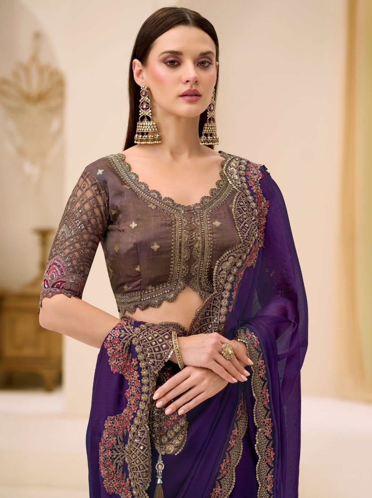 Deep Blue Ethnic Saree with Thread & Zari Work - TrendOye