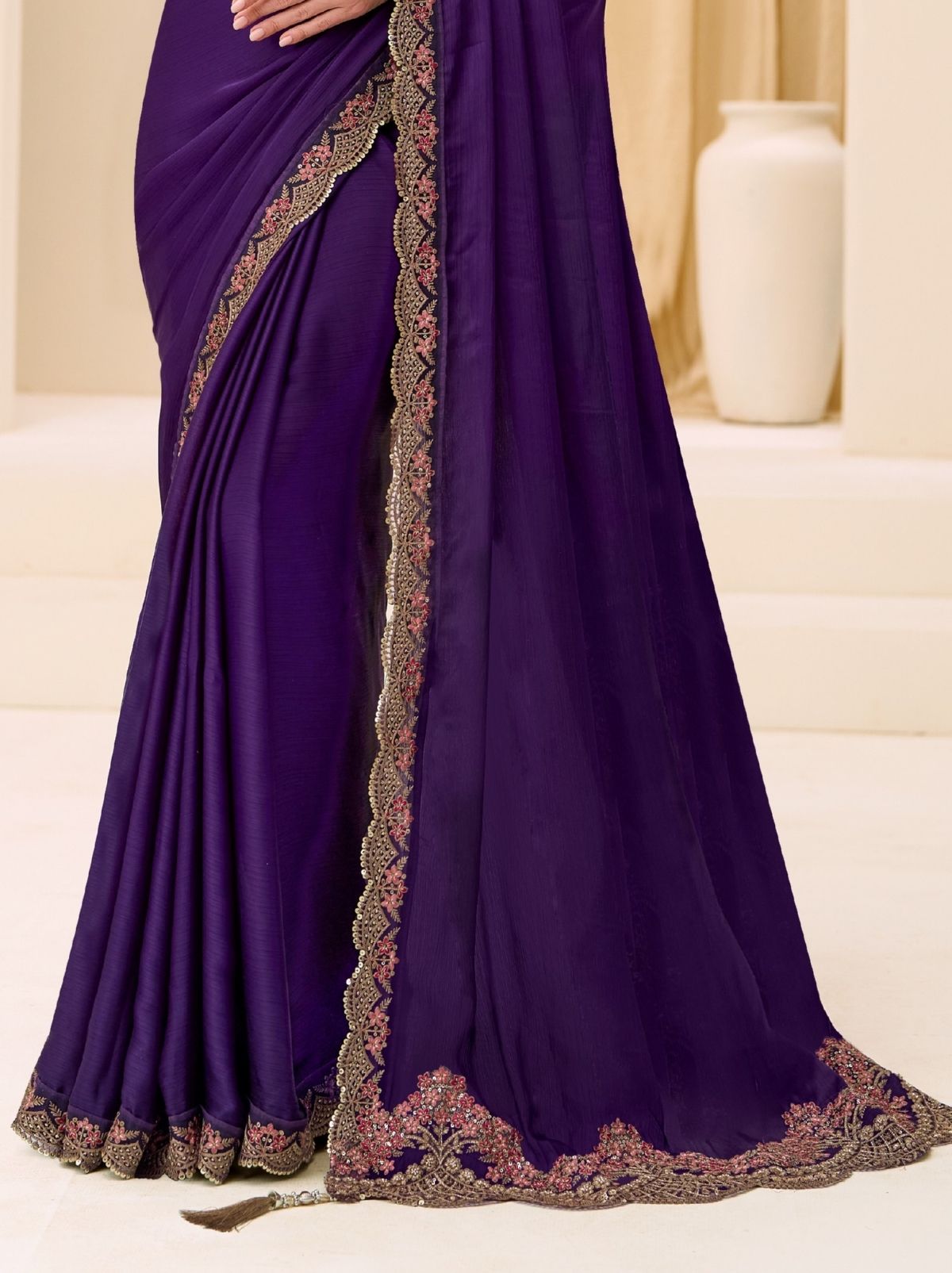 Deep Blue Ethnic Saree with Thread & Zari Work - TrendOye