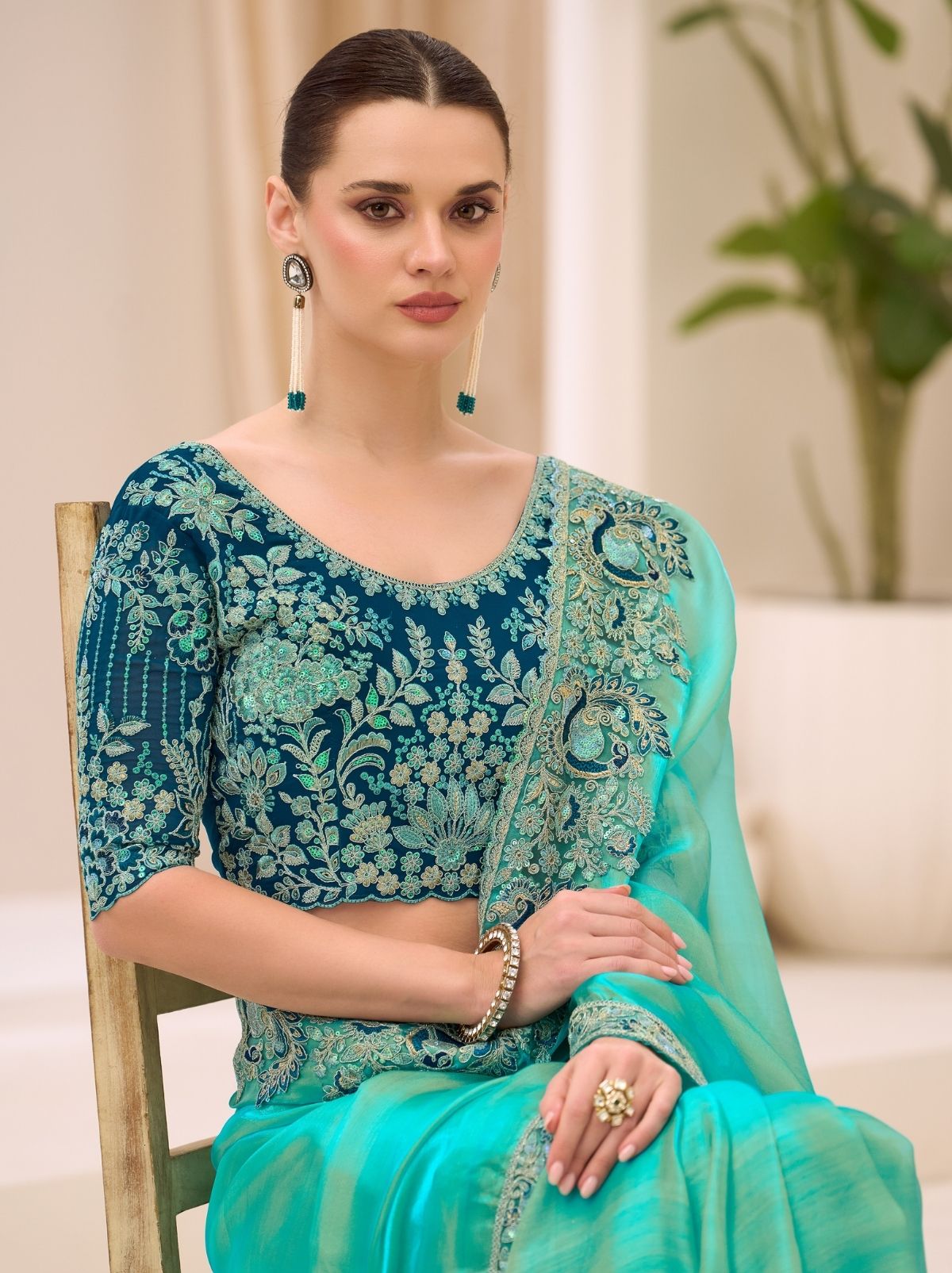 Turquoise Blue Ethnic Saree with Thread & Zari Work - TrendOye