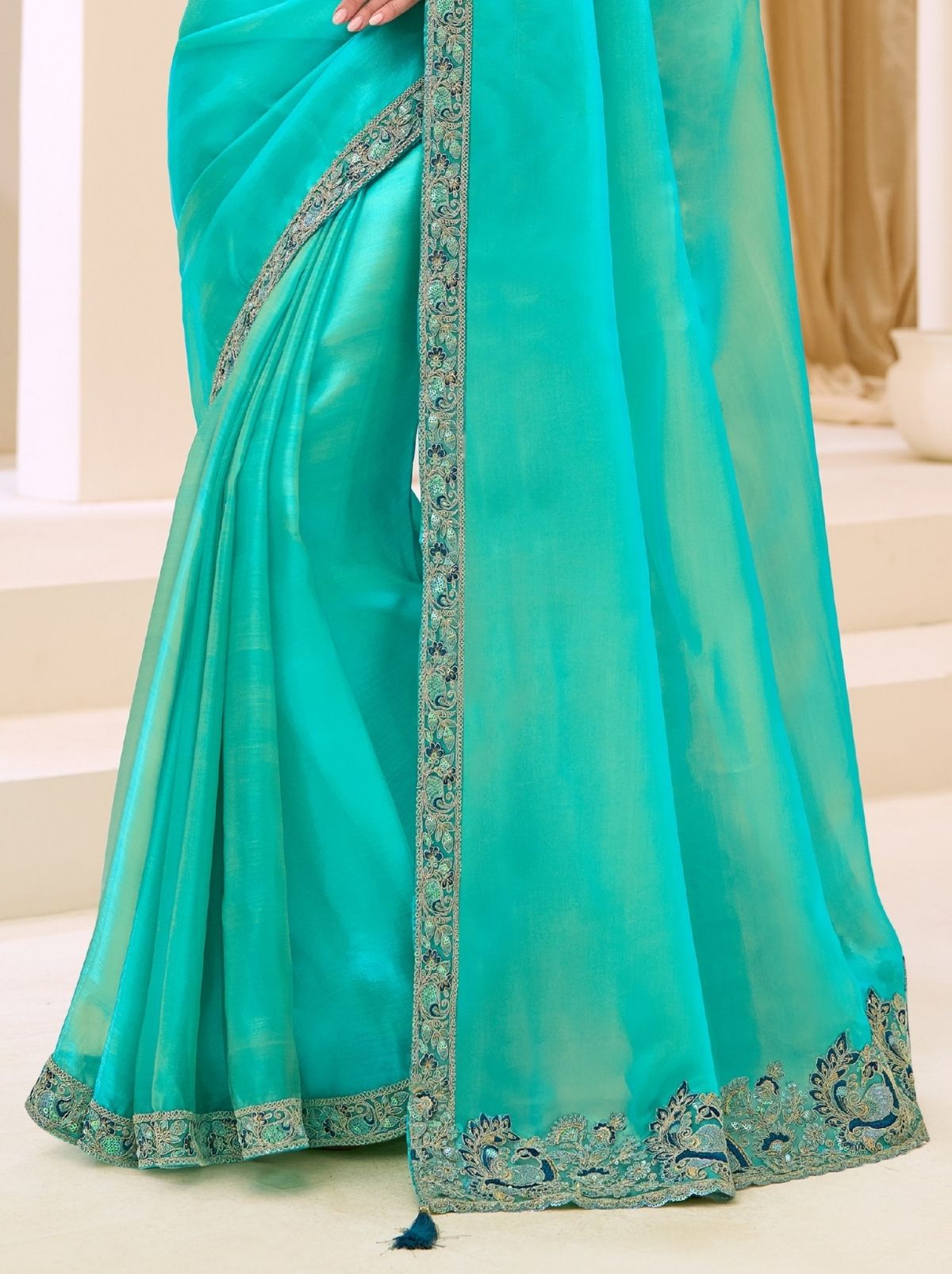 Turquoise Blue Ethnic Saree with Thread & Zari Work - TrendOye
