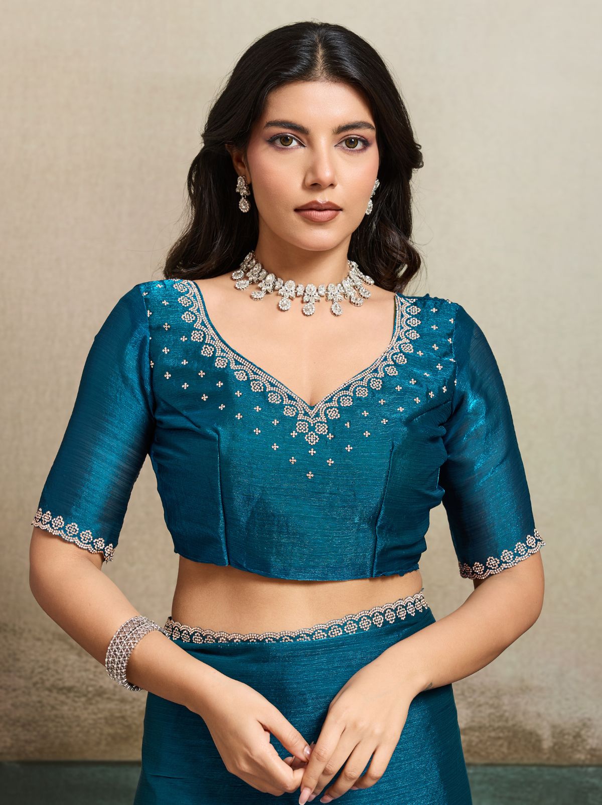 Teal Blue Fancy Chiffon Silk Saree with Zircon Work