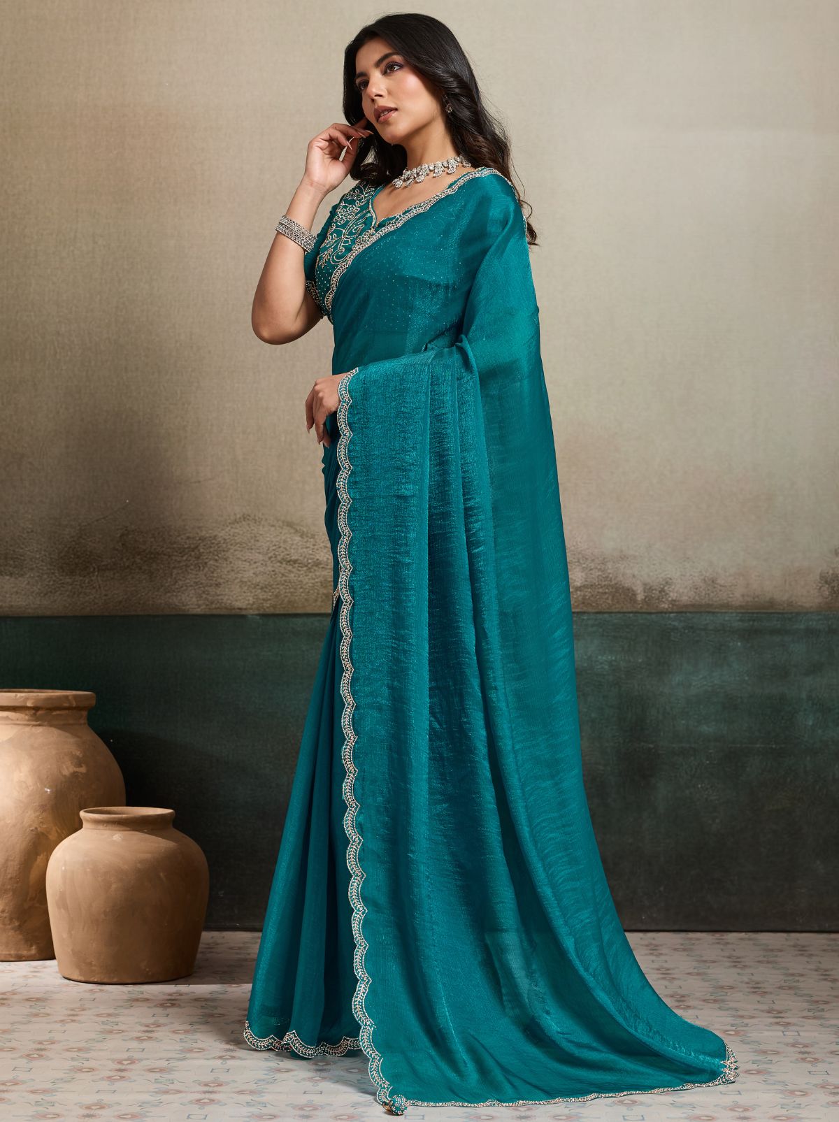 Yale Blue Fancy Chiffon Silk Saree with Zircon Work