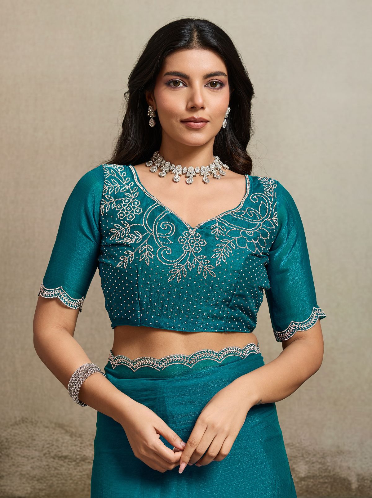 Yale Blue Fancy Chiffon Silk Saree with Zircon Work