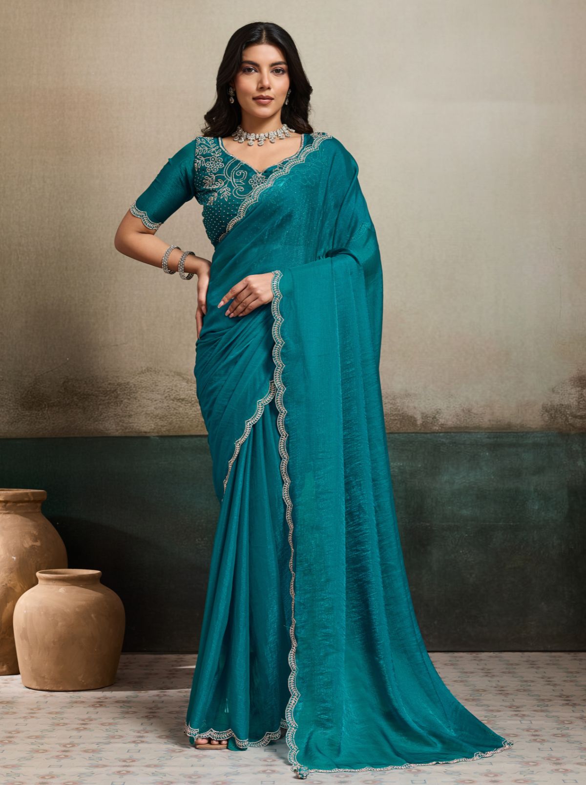 Yale Blue Fancy Chiffon Silk Saree with Zircon Work