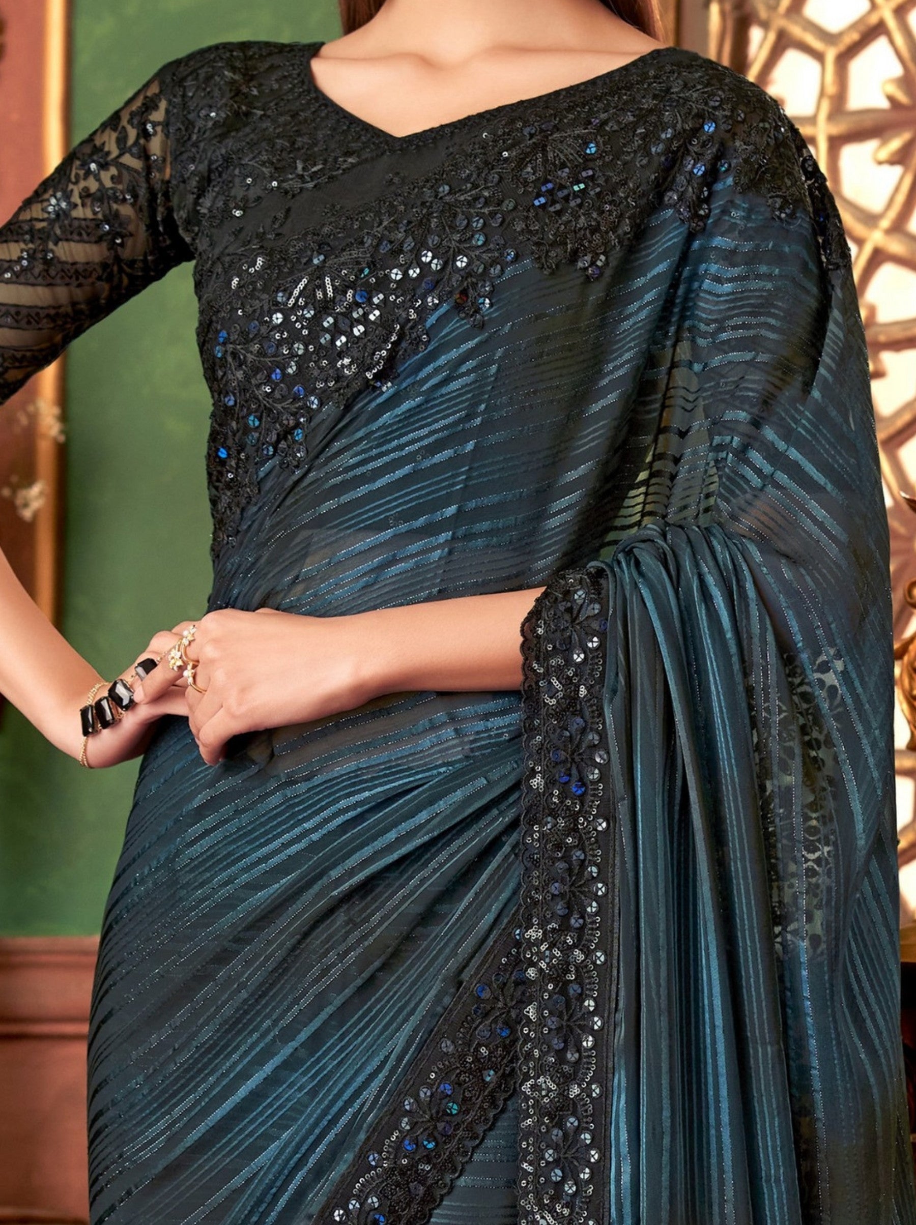 Denim Blue Party Designer Saree - TrendOye