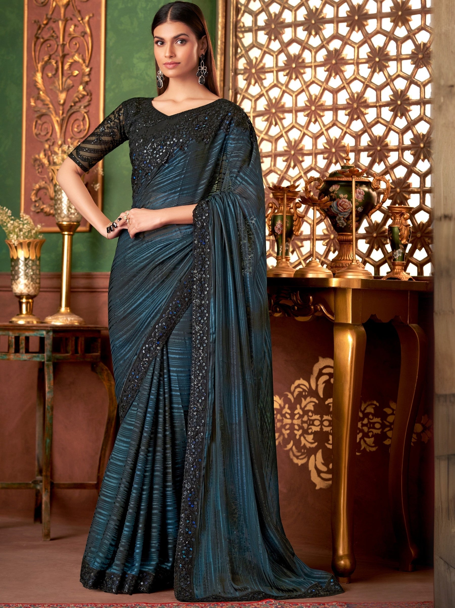 Denim Blue Party Designer Saree - TrendOye