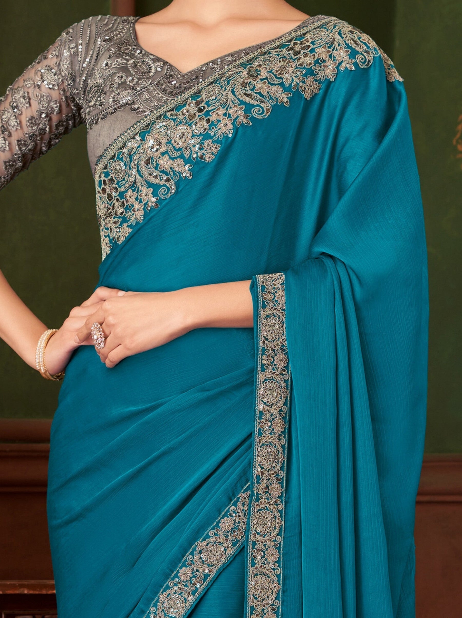 Olympic Blue Party Designer Saree - TrendOye