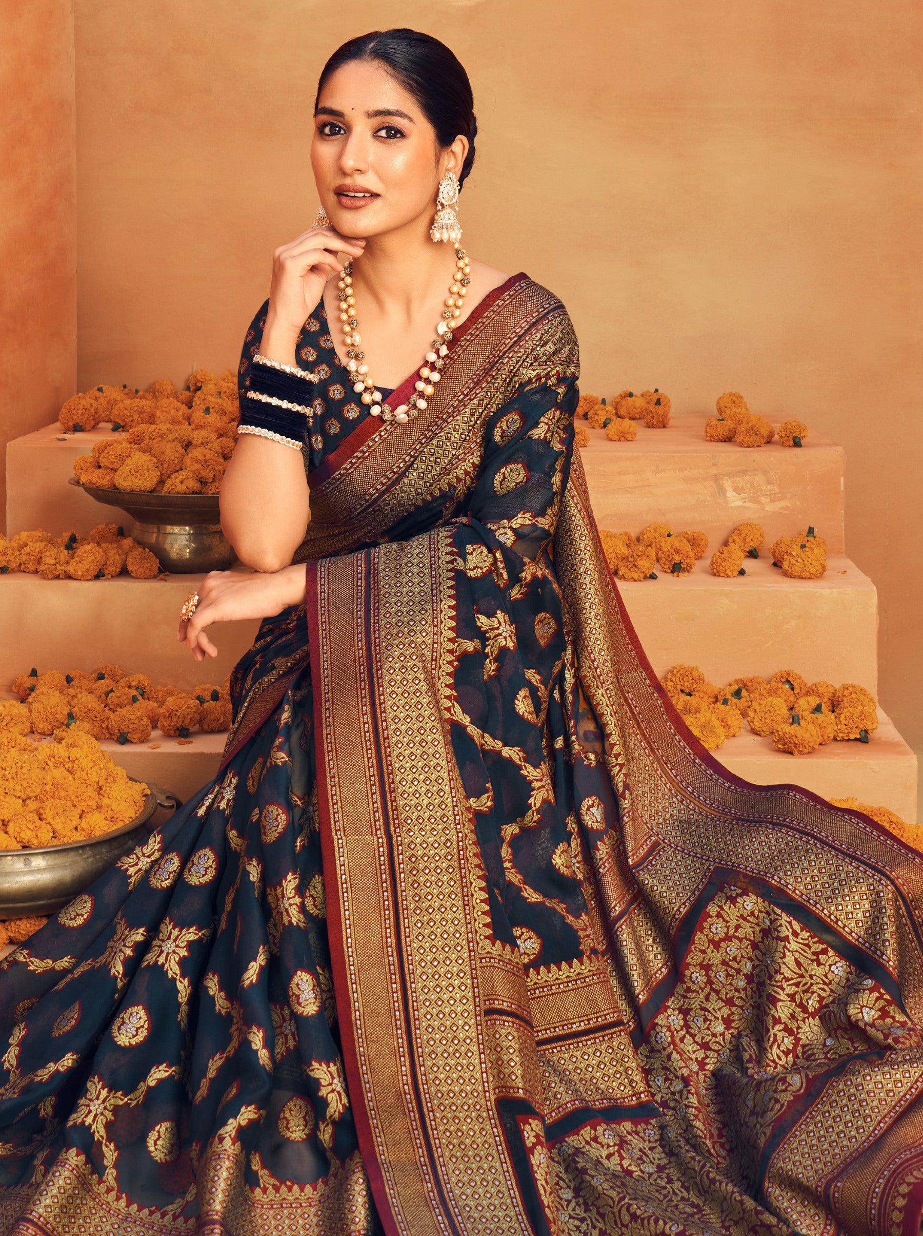 Midnight Blue Georgette Festive Saree - TrendOye