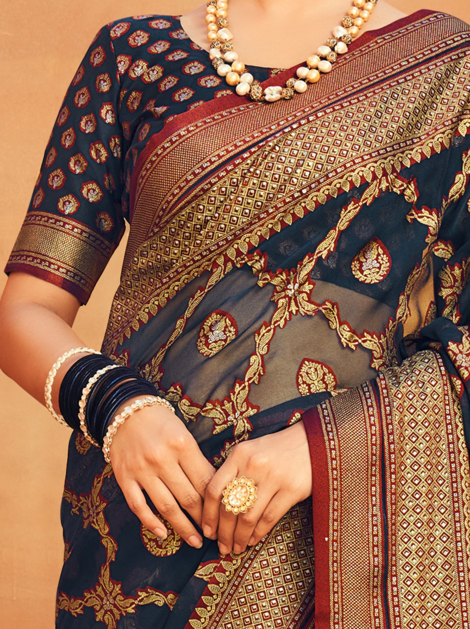 Midnight Blue Georgette Festive Saree - TrendOye