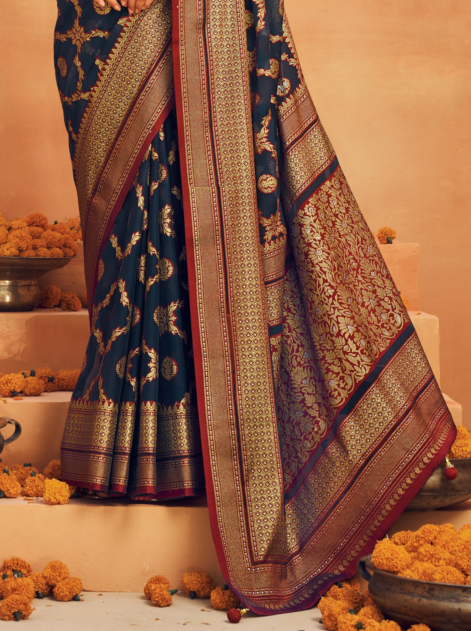 Midnight Blue Georgette Festive Saree - TrendOye
