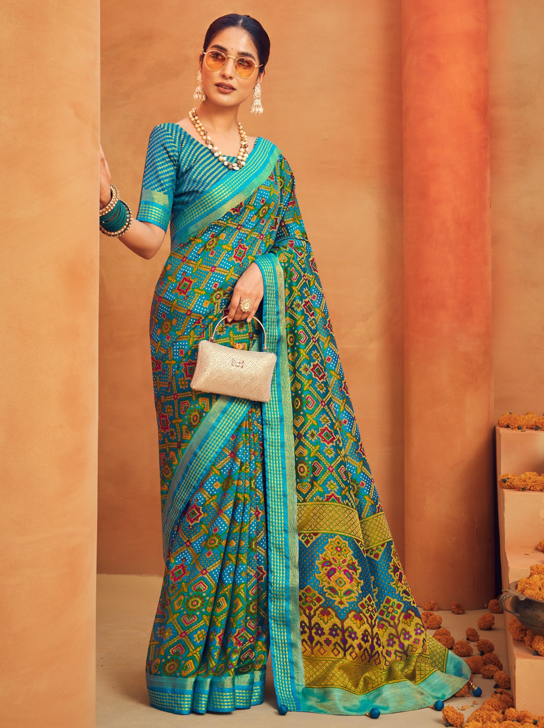 Turquoise Blue Georgette Festive Saree - TrendOye