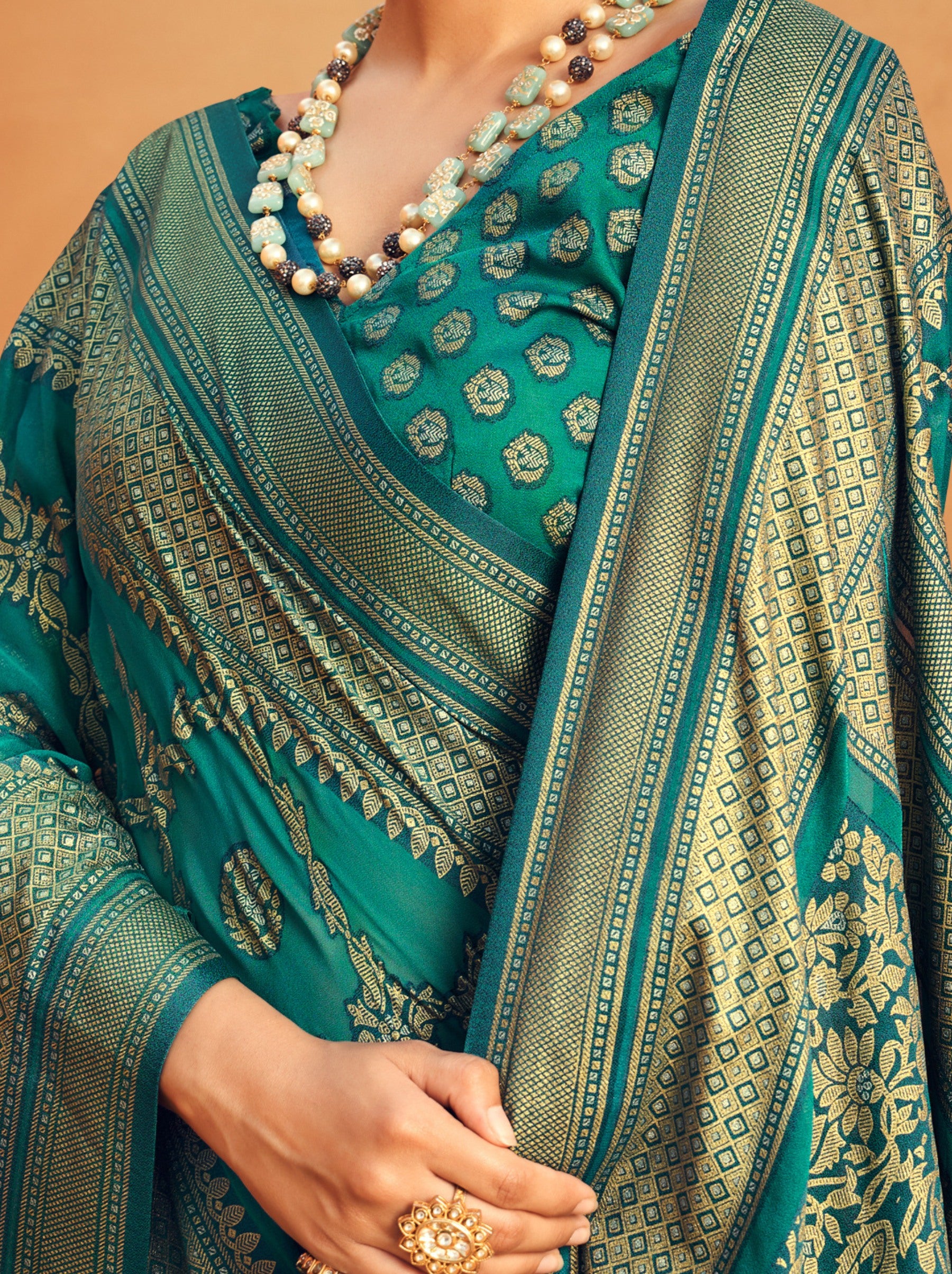 Teal Blue Georgette Festive Saree - TrendOye