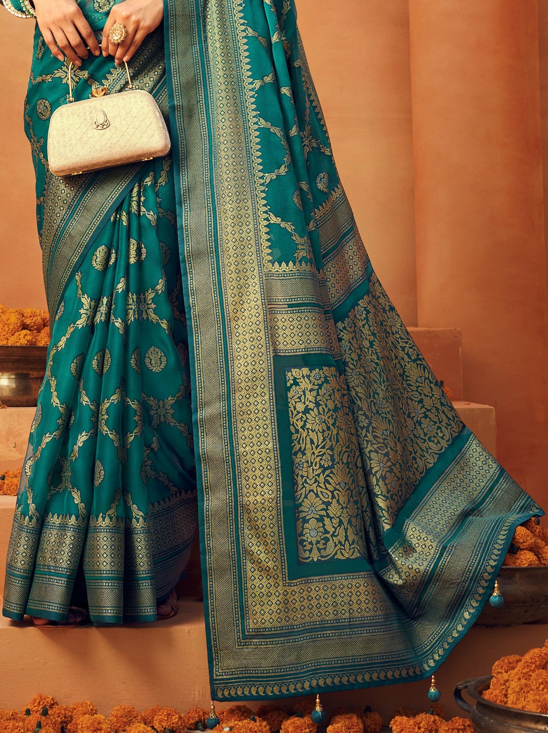 Teal Blue Georgette Festive Saree - TrendOye
