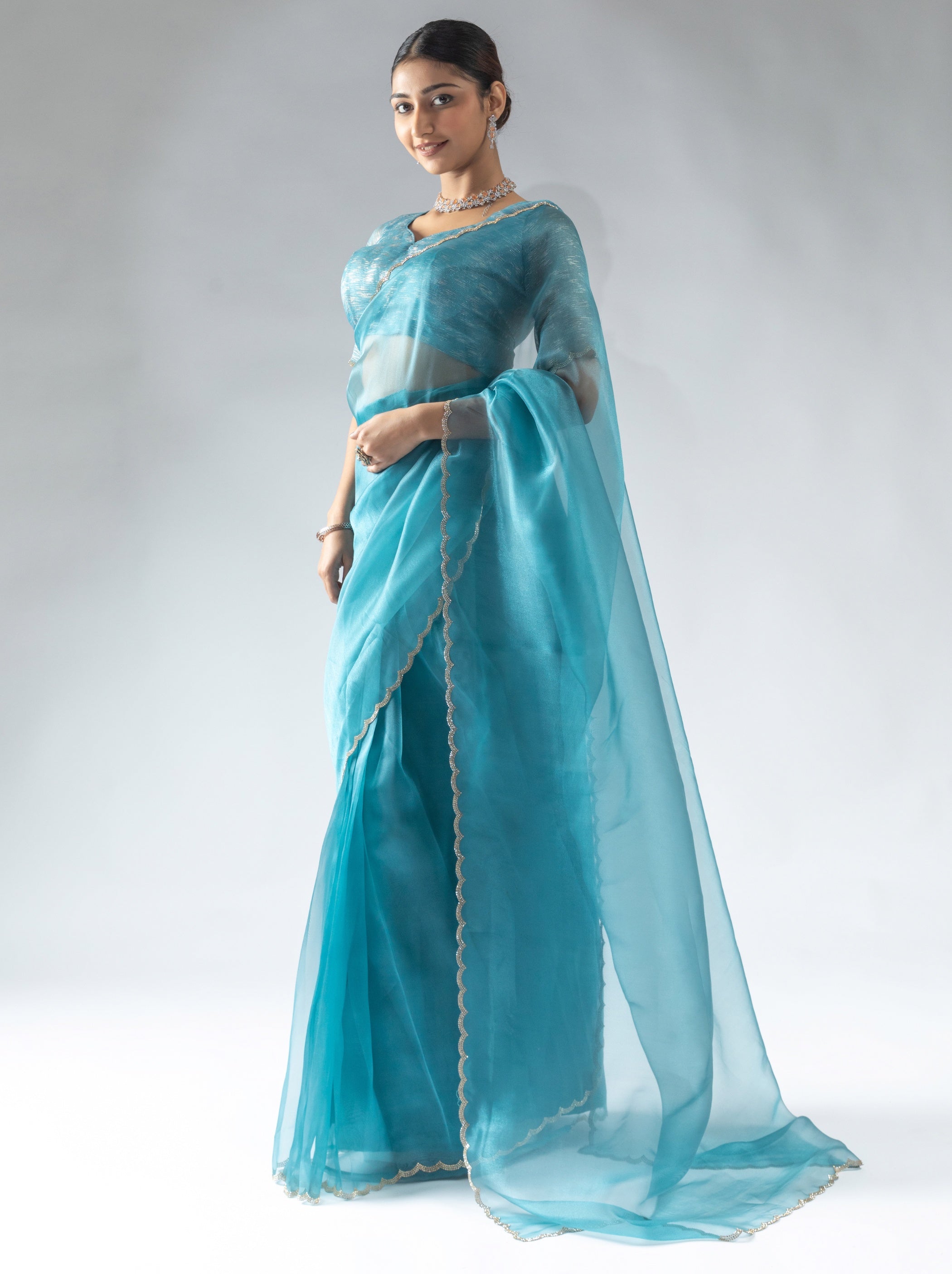 Olympic Blue Fancy Ready to Wear Organza Saree With Stone Work Border - TrendOye