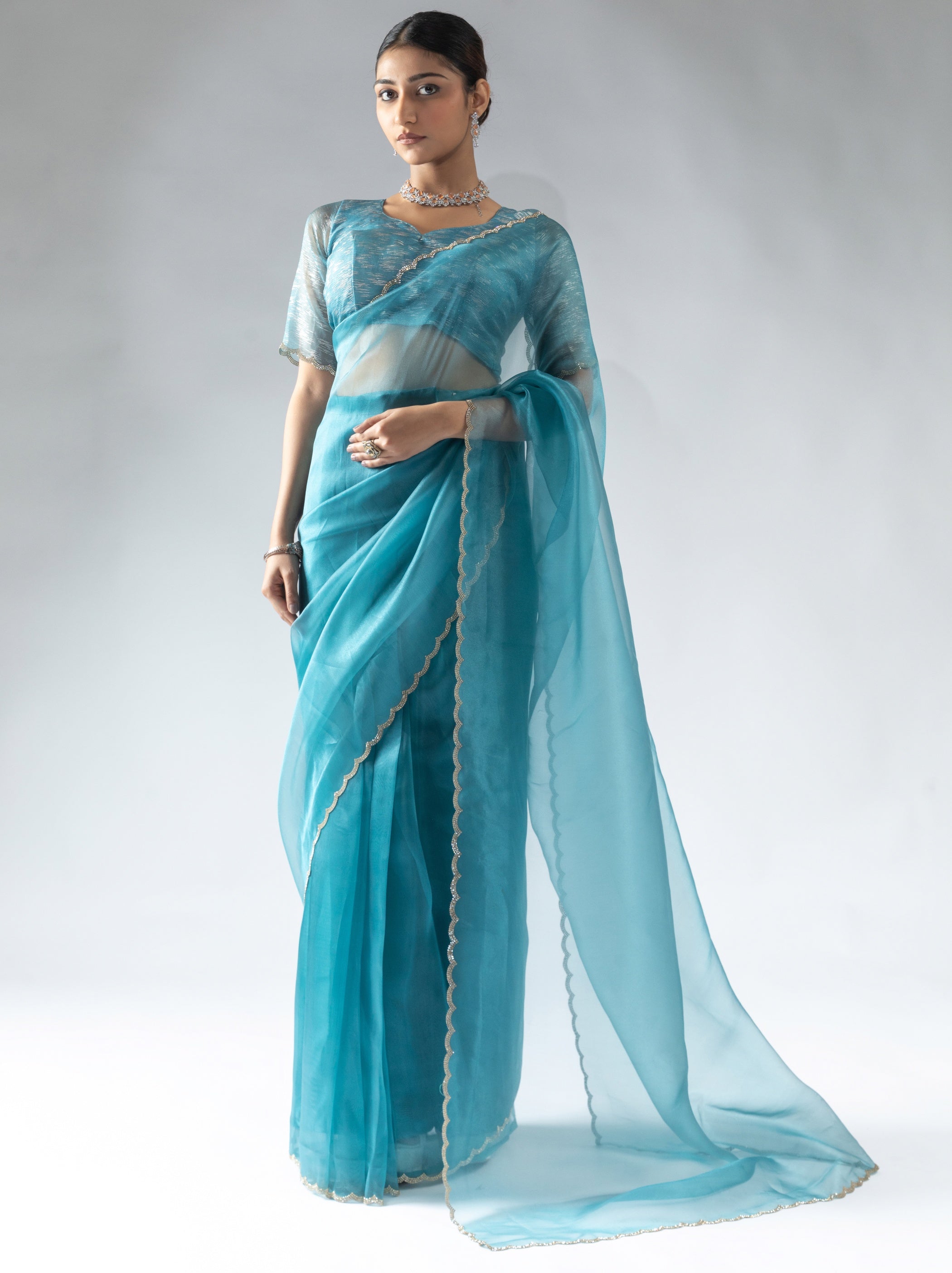 Olympic Blue Fancy Ready to Wear Organza Saree With Stone Work Border - TrendOye