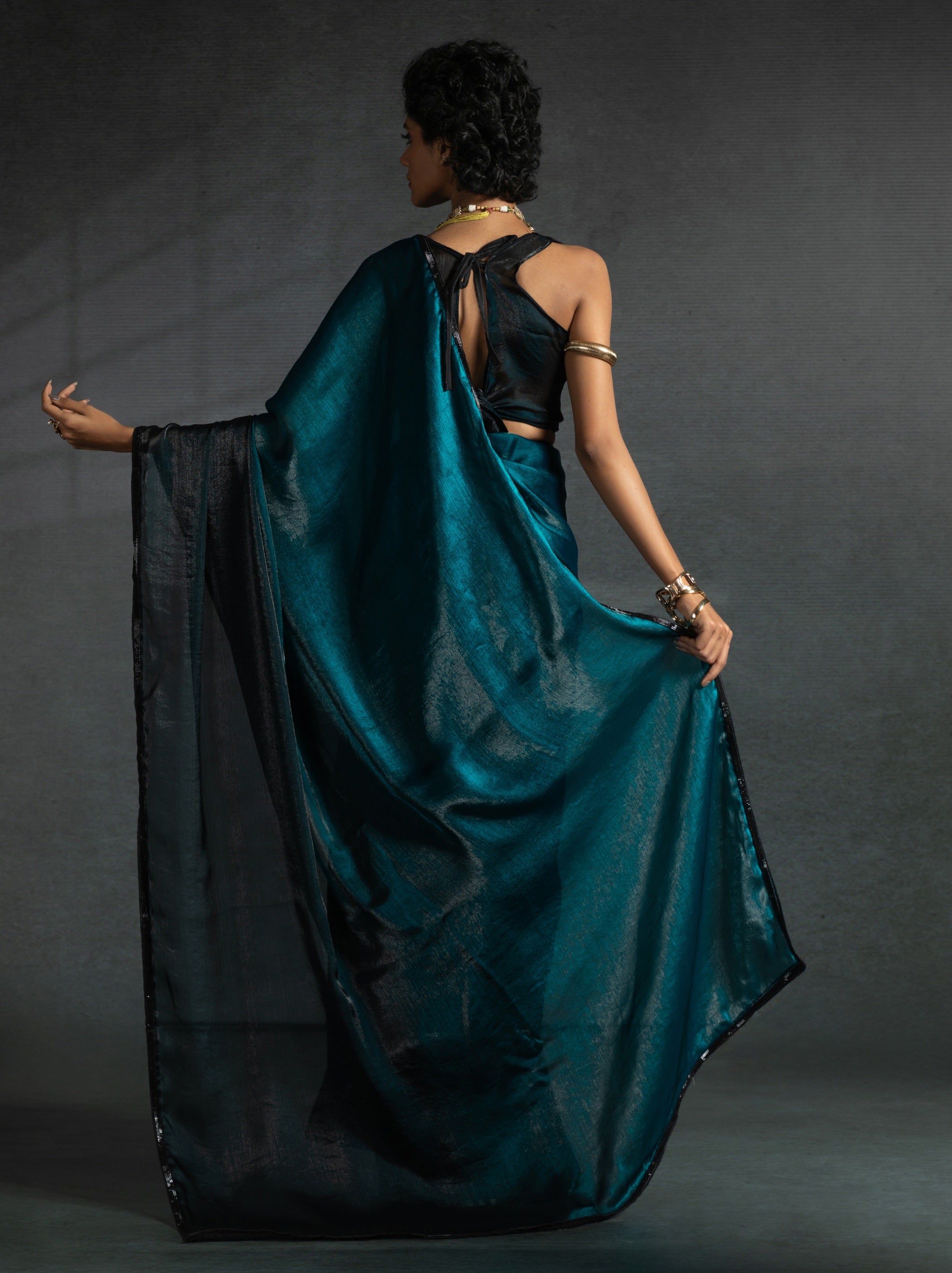 Prussian Blue Fancy Ready to Wear Saree With Stone Work Border - TrendOye