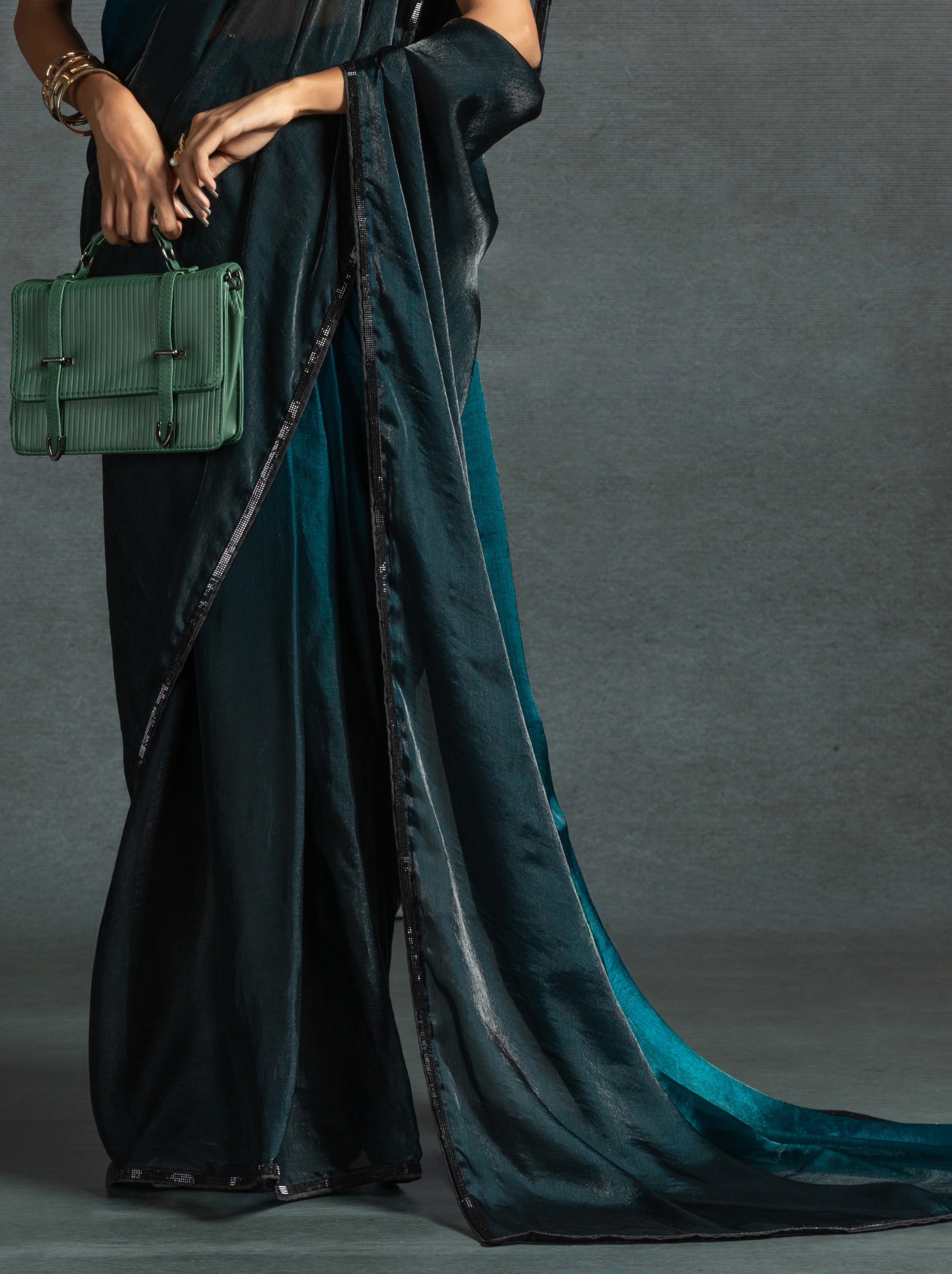 Prussian Blue Fancy Ready to Wear Saree With Stone Work Border - TrendOye