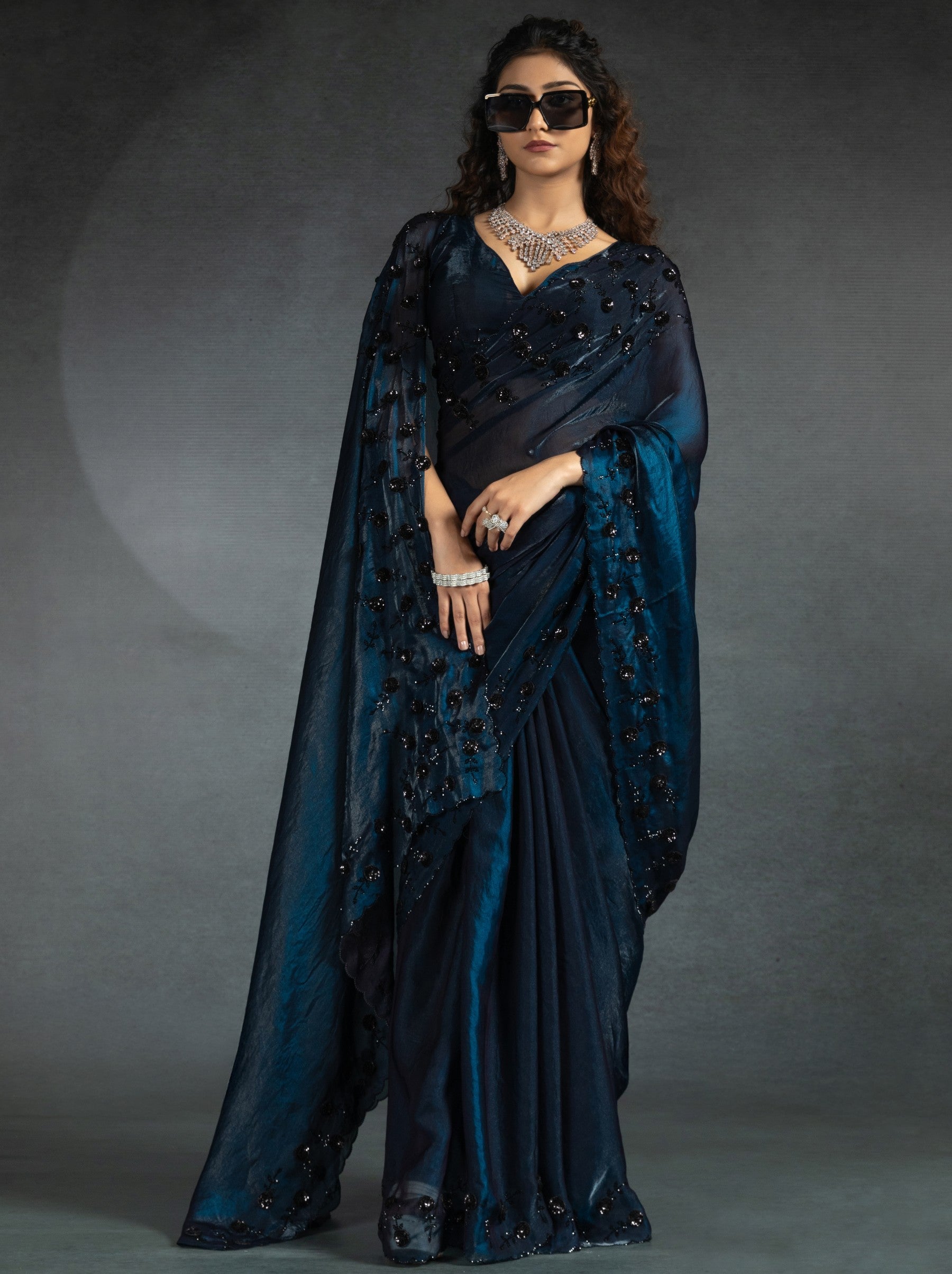 Space Blue Satin Silk Designer Party Saree With Blouse Piece - TrendOye
