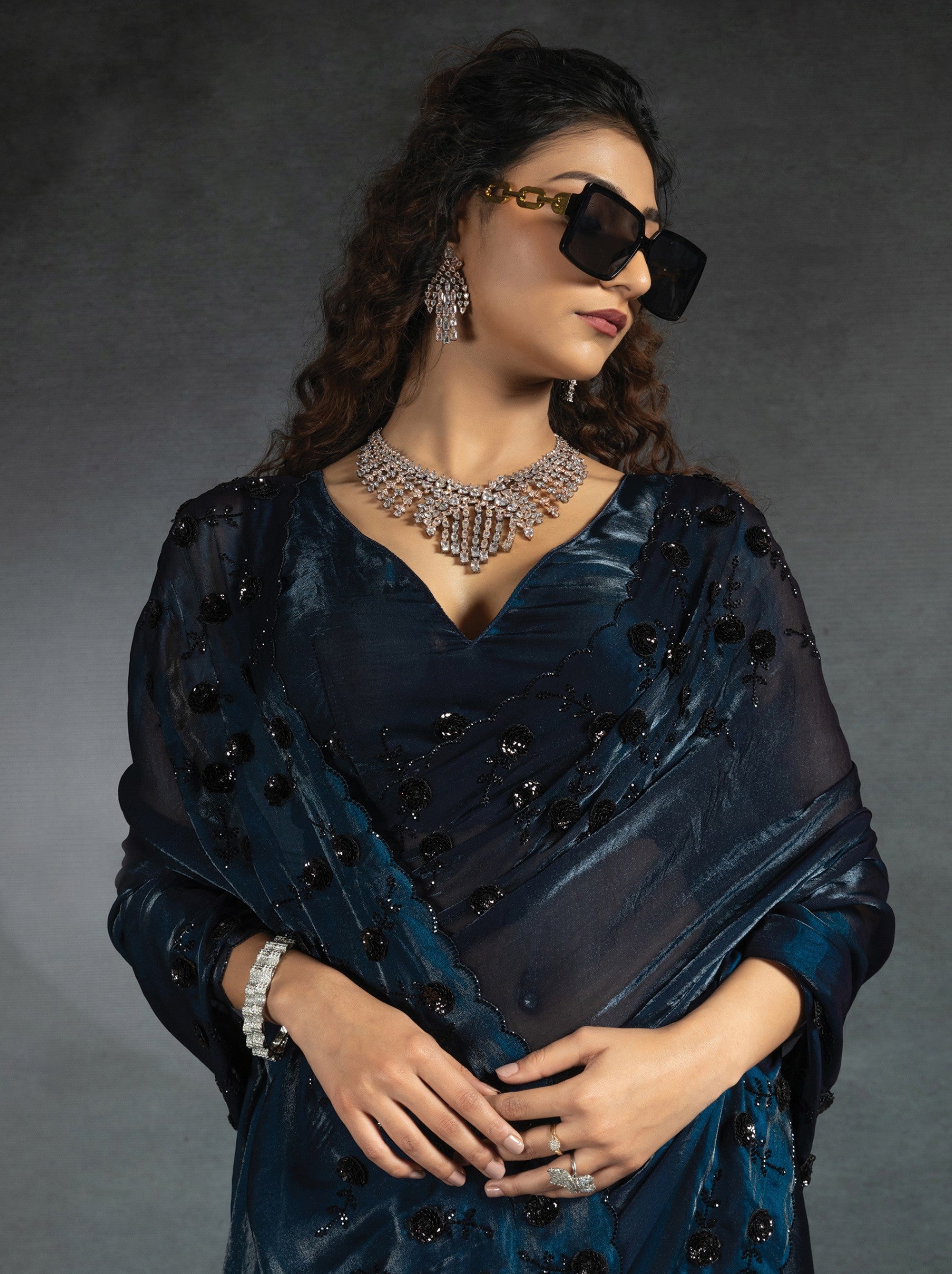 Space Blue Satin Silk Designer Party Saree With Blouse Piece - TrendOye