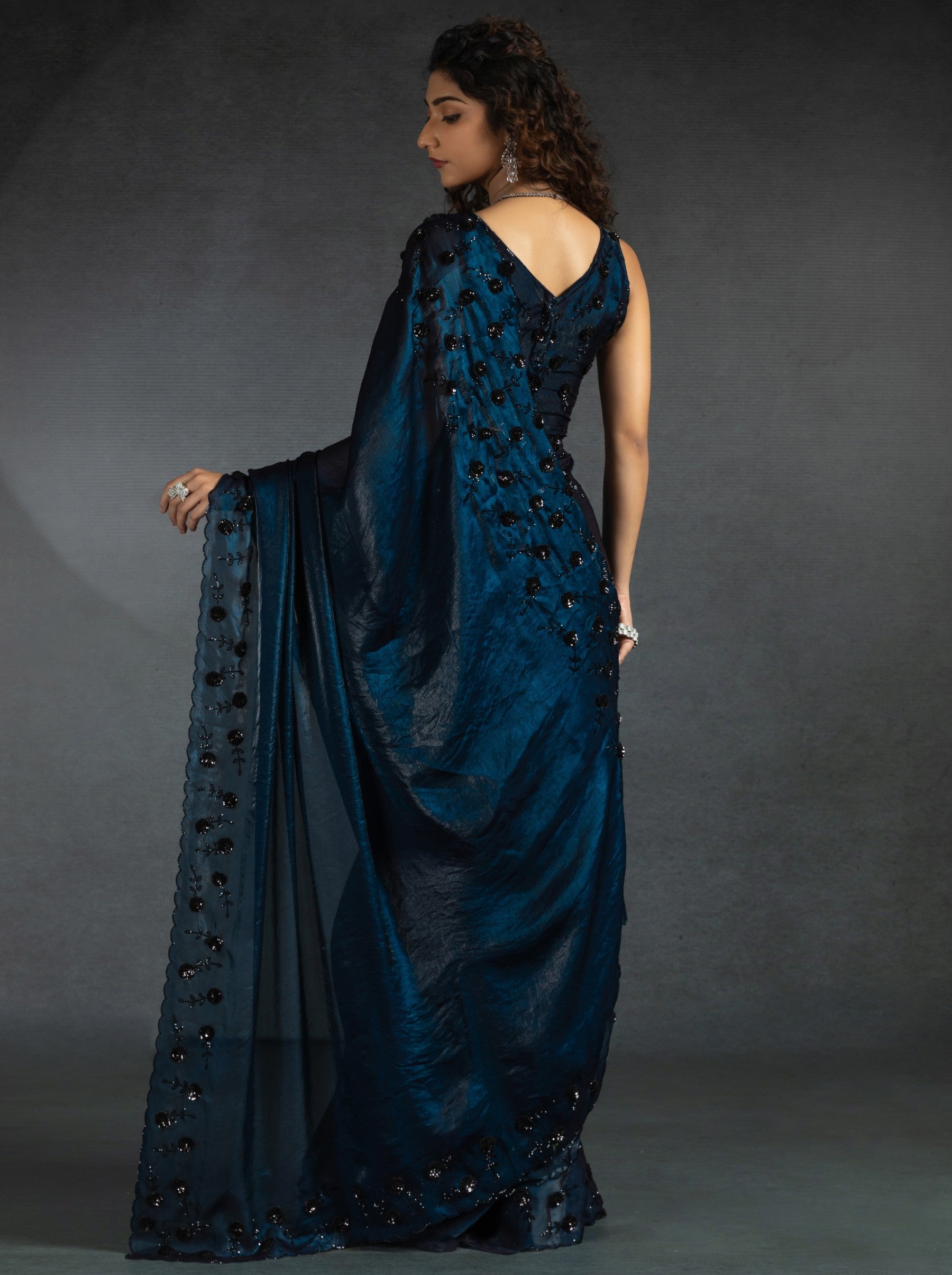 Space Blue Satin Silk Designer Party Saree With Blouse Piece - TrendOye