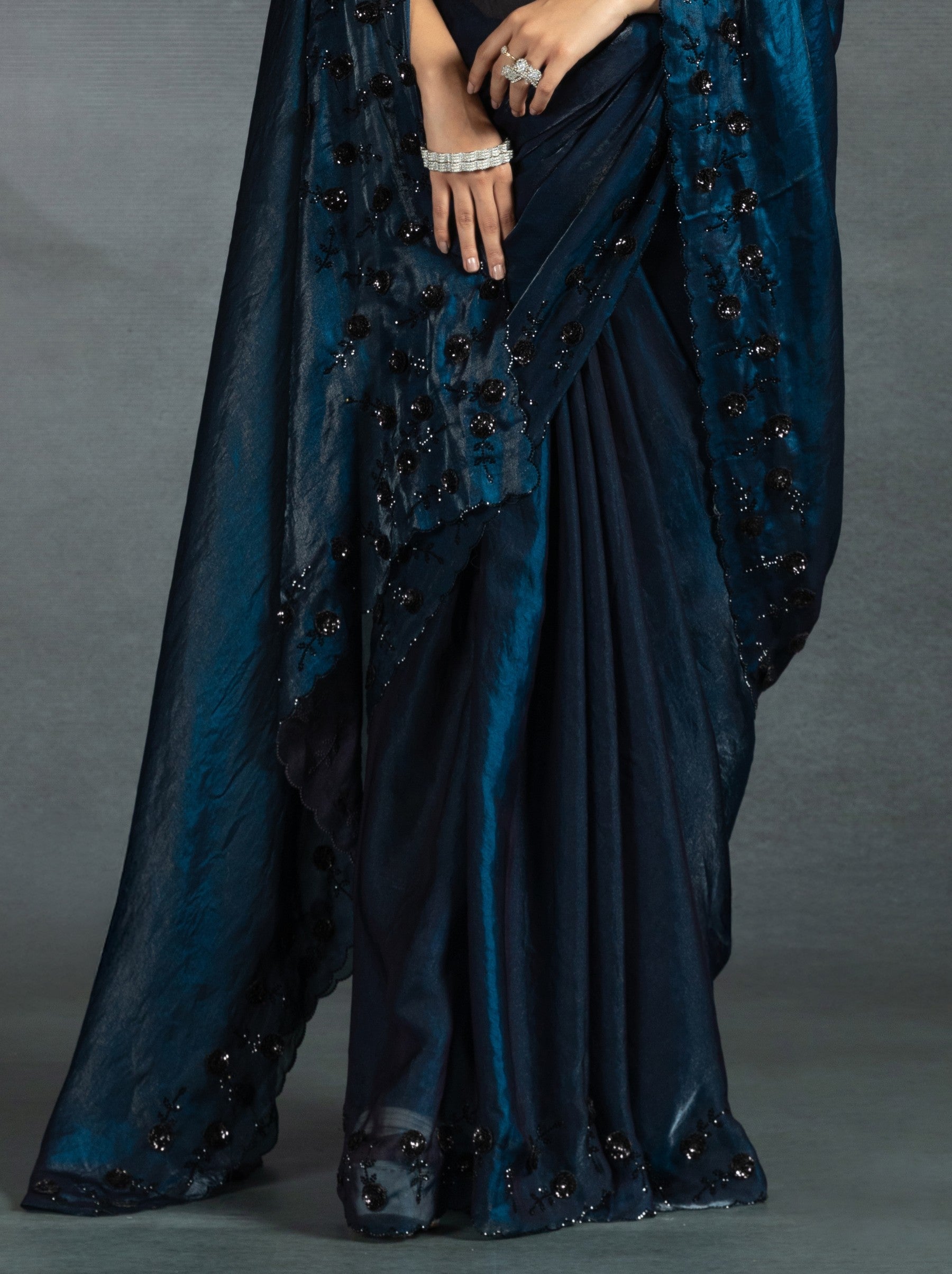 Space Blue Satin Silk Designer Party Saree With Blouse Piece - TrendOye