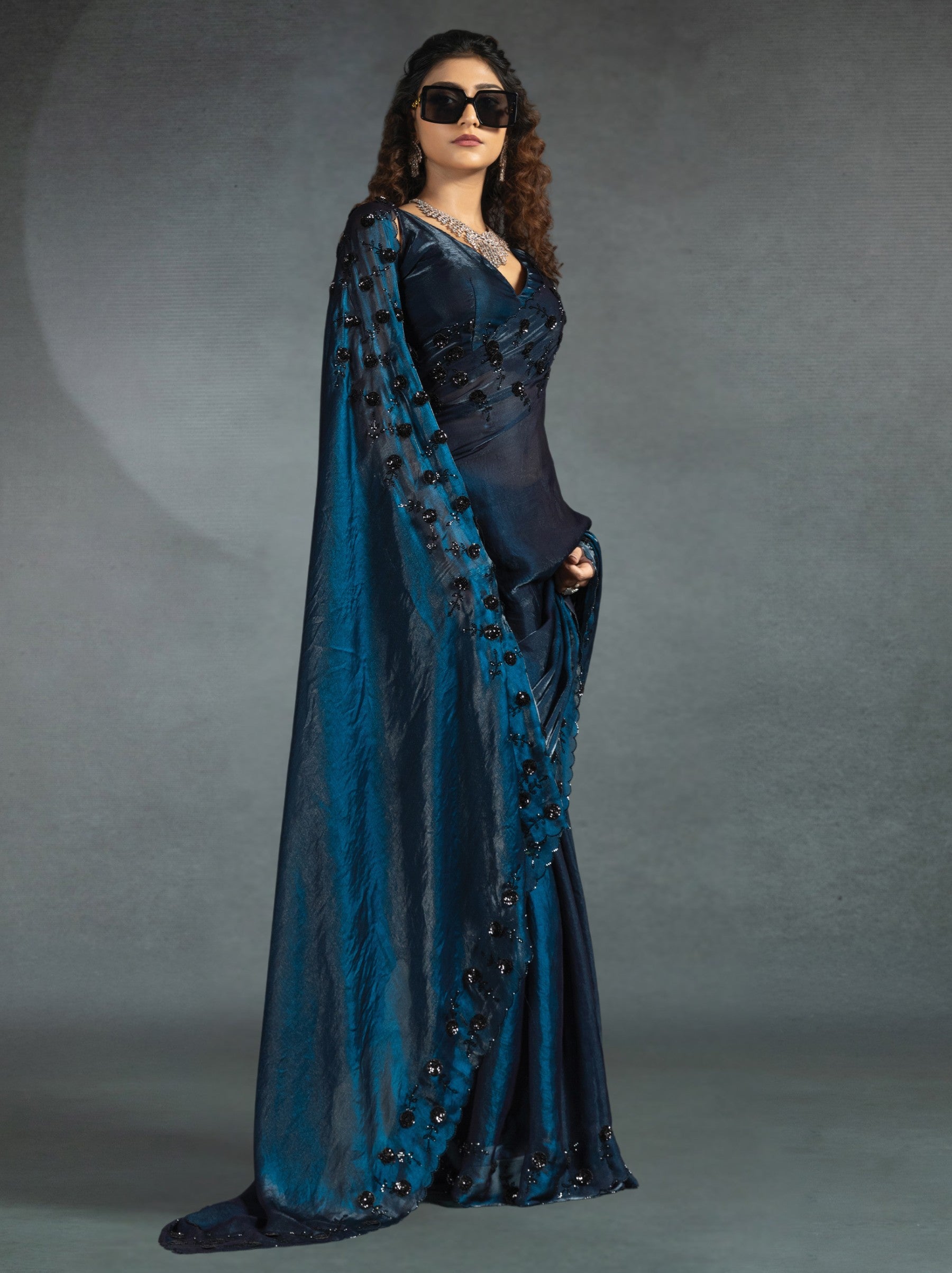 Space Blue Satin Silk Designer Party Saree With Blouse Piece - TrendOye