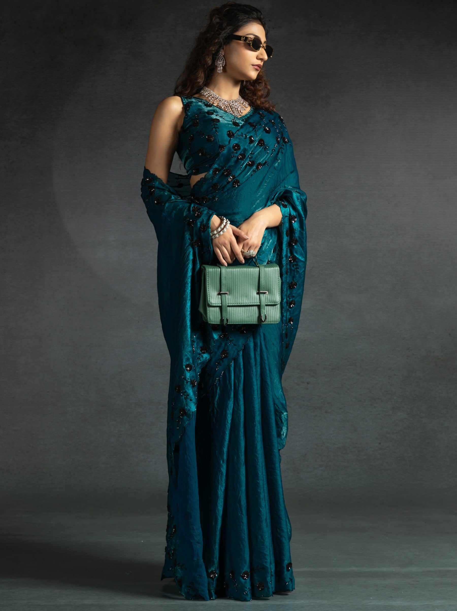 Prussian Blue Satin Silk Designer Party Saree With Blouse Piece - TrendOye