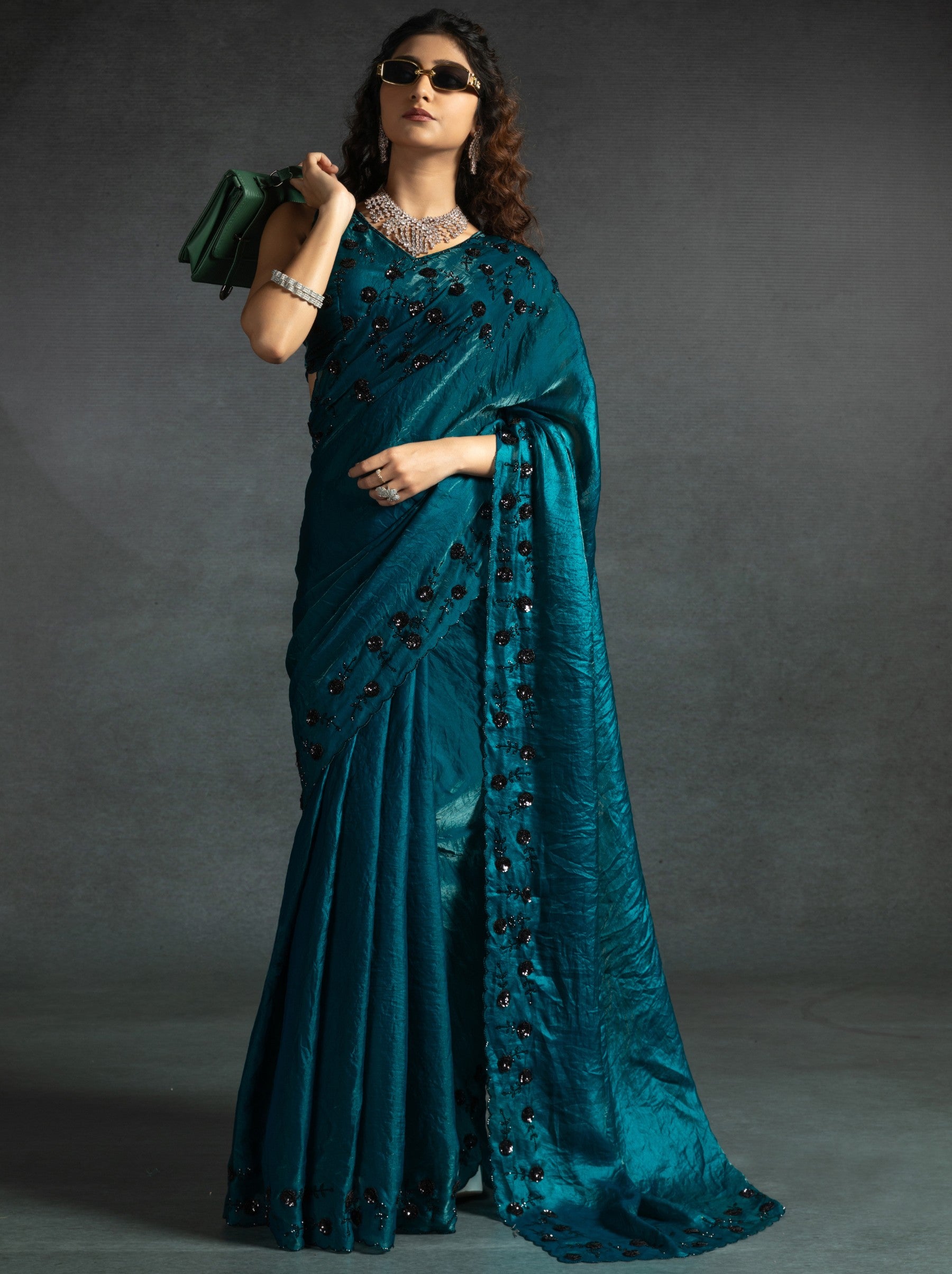 Prussian Blue Satin Silk Designer Party Saree With Blouse Piece - TrendOye