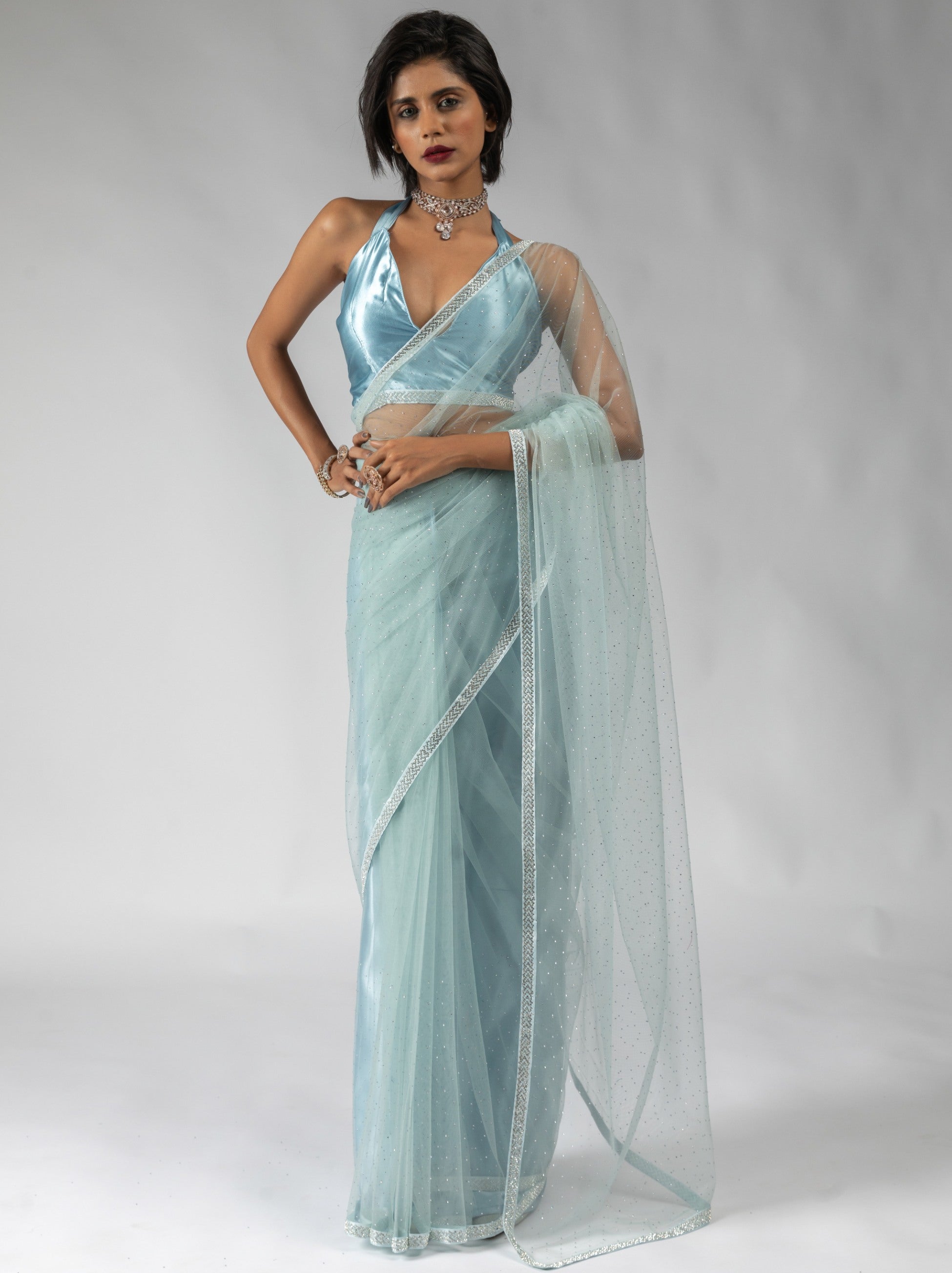 Powder Blue Net Designer Ready to Wear Saree With Diamond Work - TrendOye
