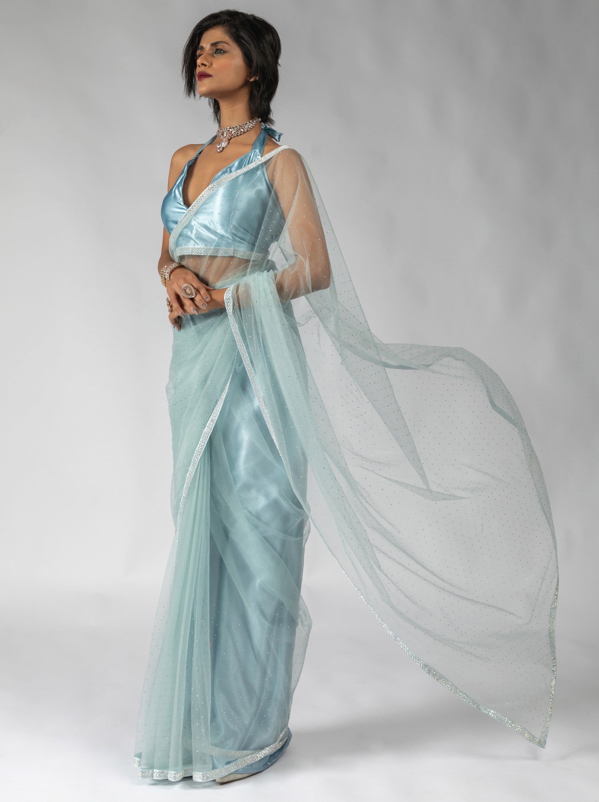 Powder Blue Net Designer Ready to Wear Saree With Diamond Work - TrendOye