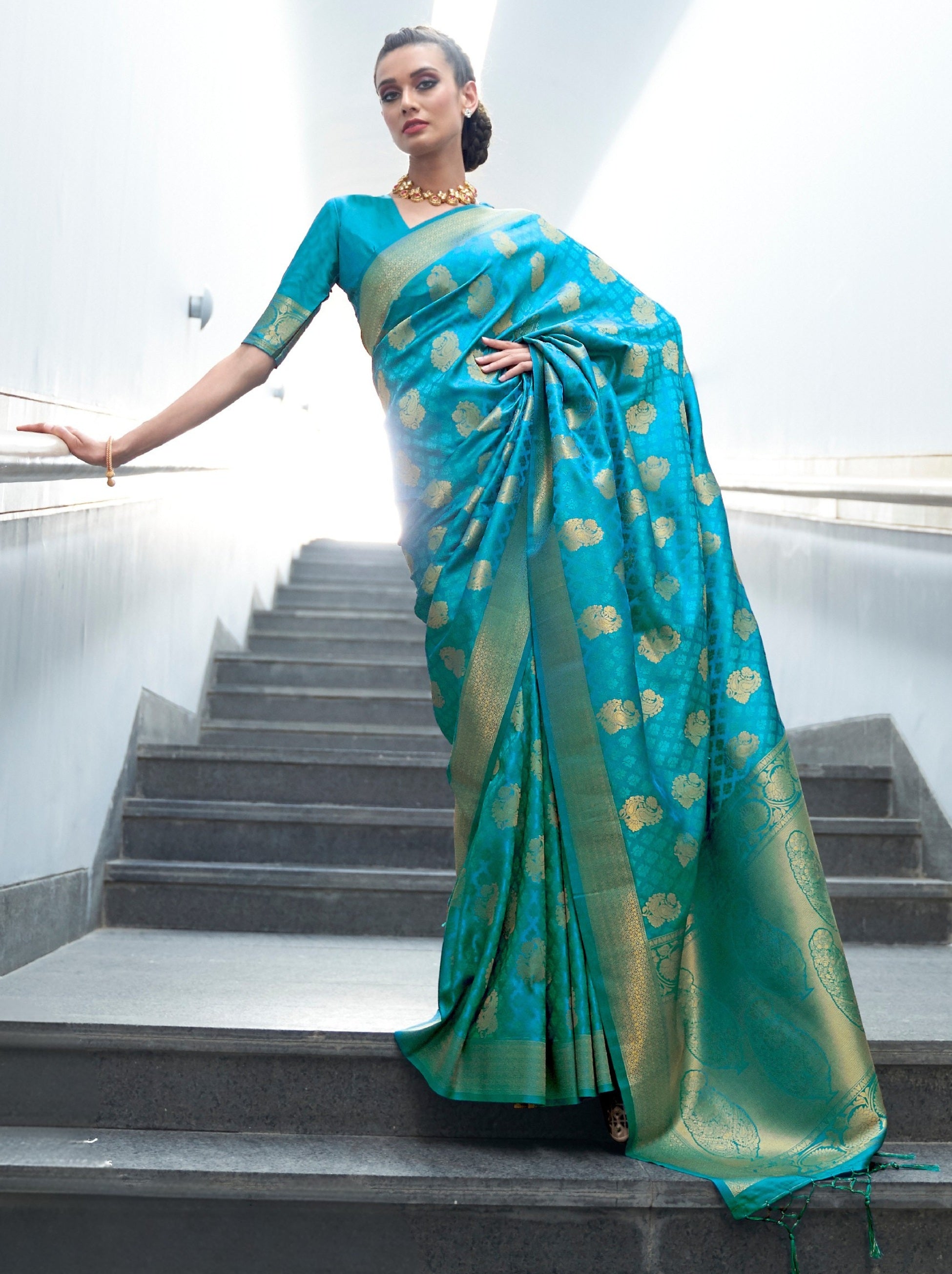 Azure Blue Fancy Soft Silk Saree With Blouse Piece - TrendOye
