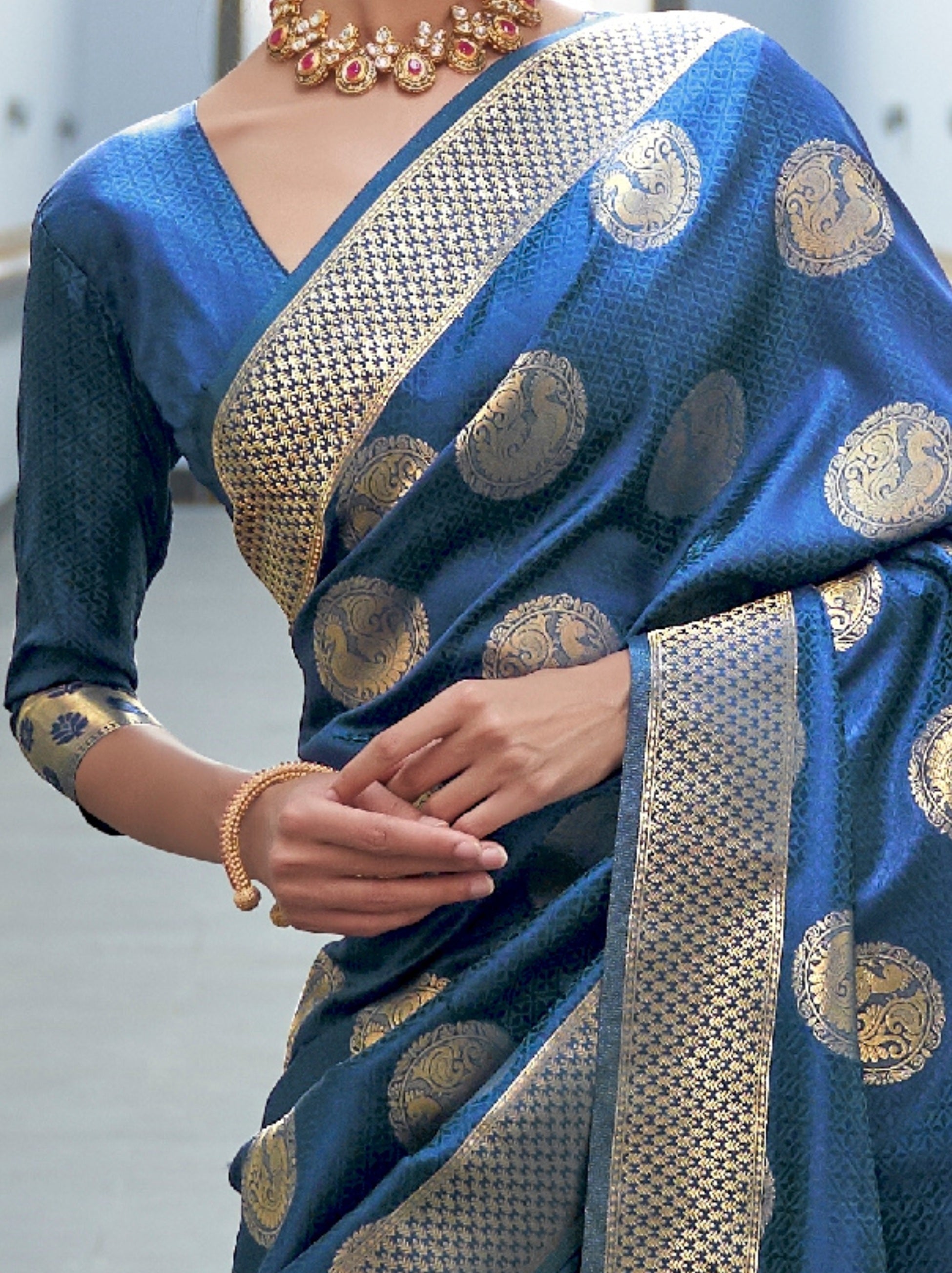 Prussian Blue Fancy Soft Silk Saree With Blouse Piece - TrendOye