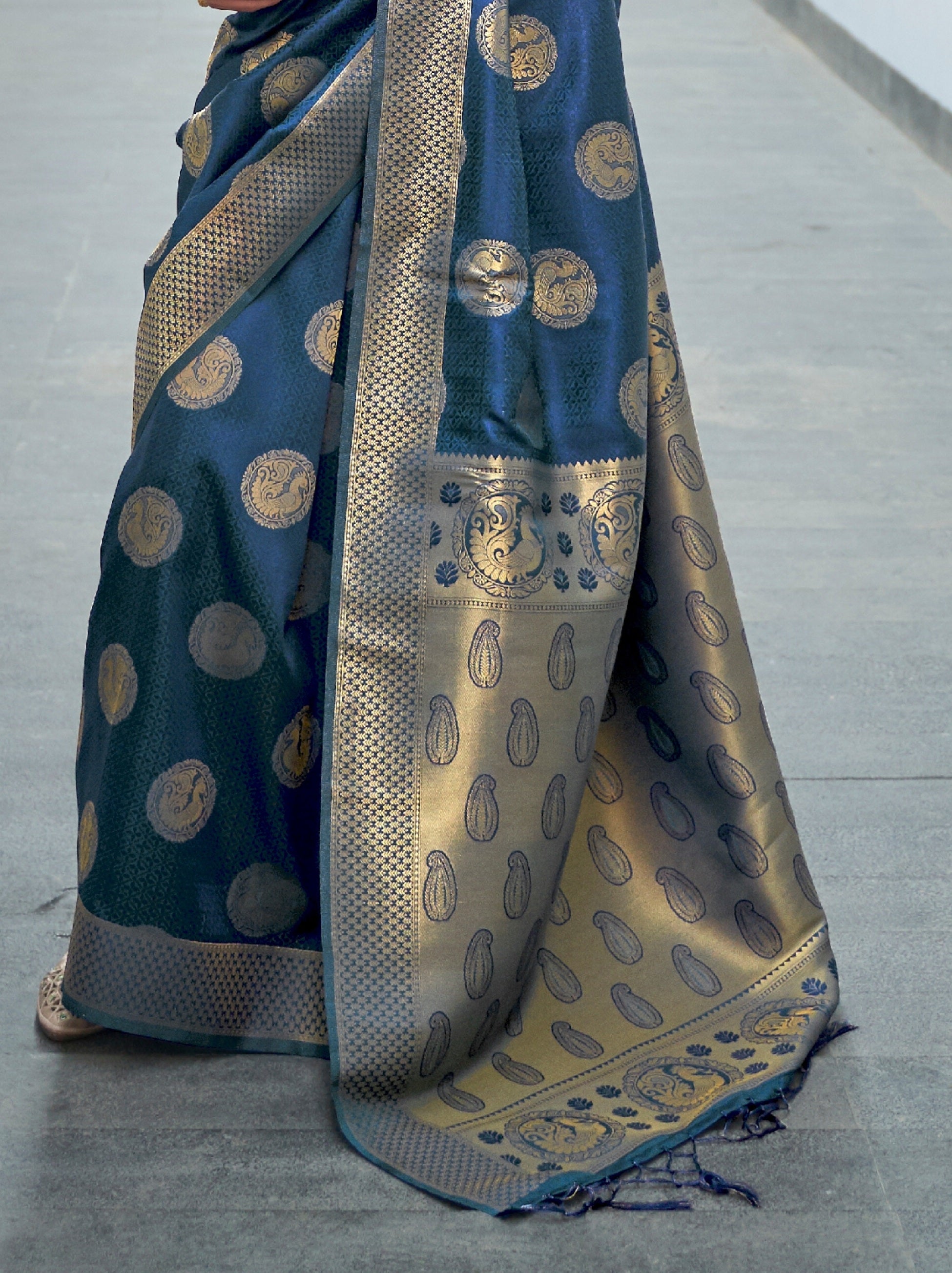 Prussian Blue Fancy Soft Silk Saree With Blouse Piece - TrendOye