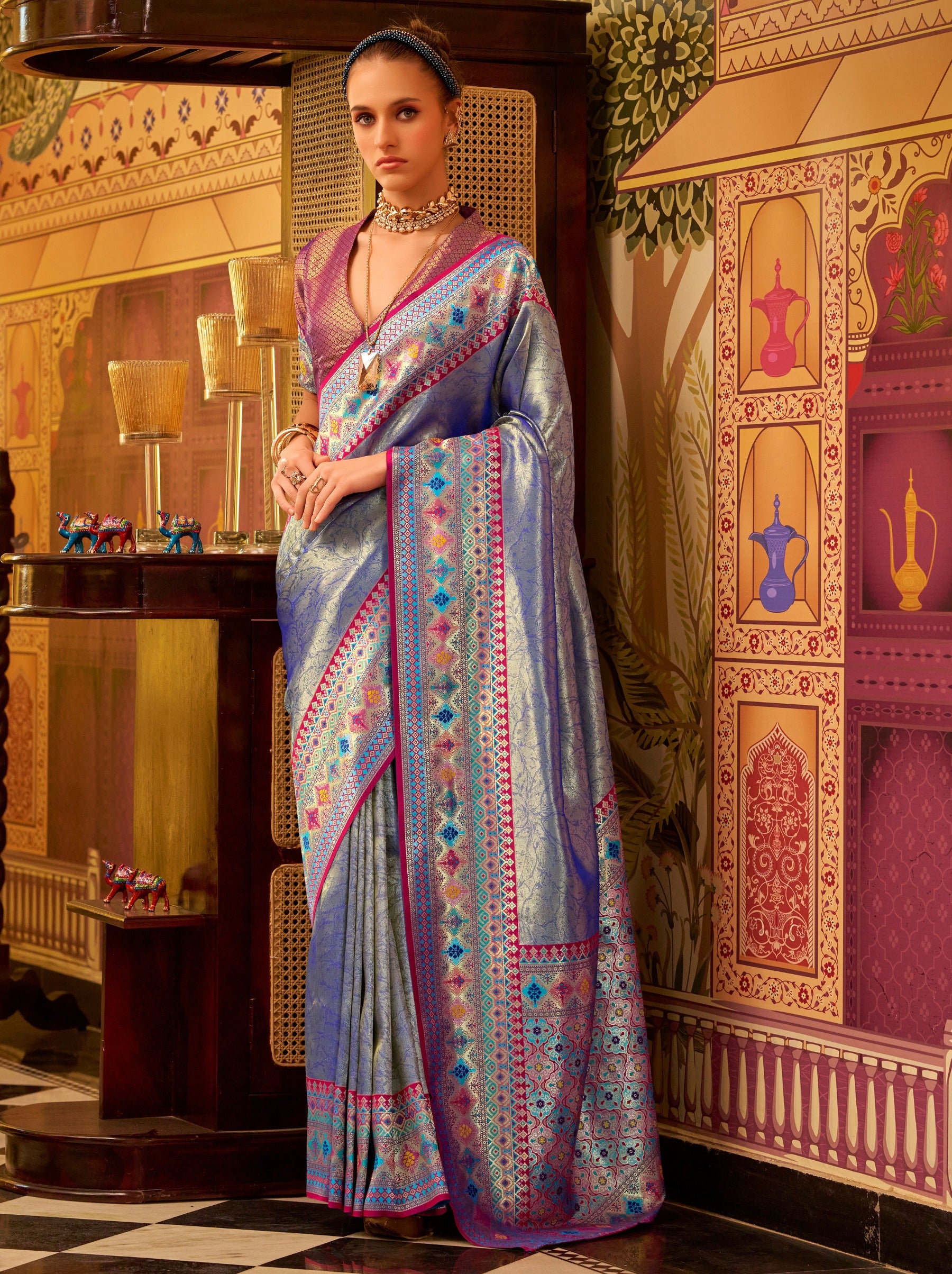 Air Force Blue Fancy Celebration Saree - TrendOye