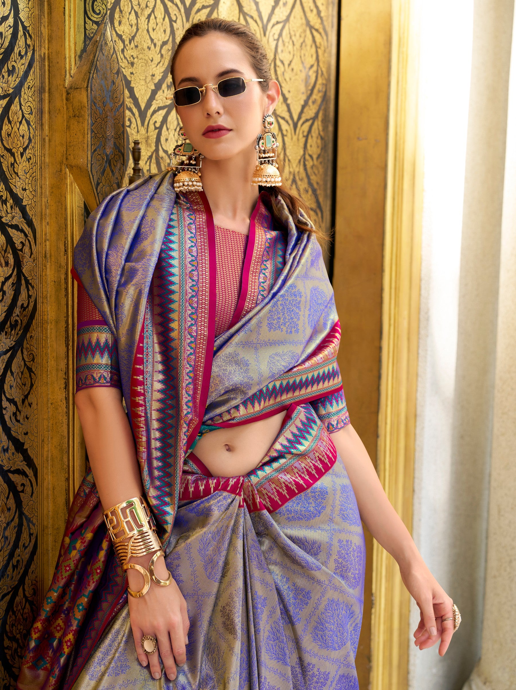 Tufts Blue Tissue Celebration Saree - TrendOye